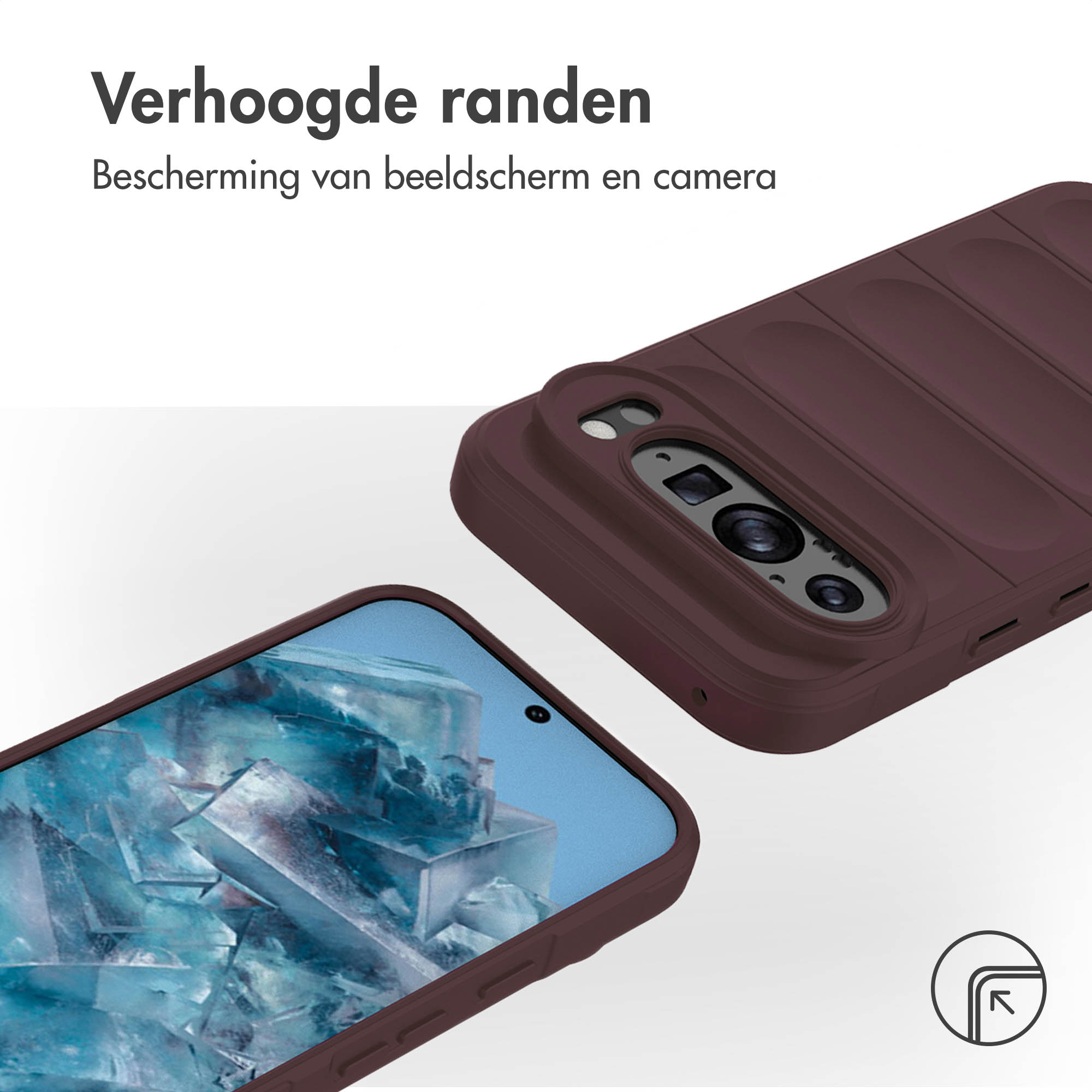 Bruine telefoonhoes met een telefoon erin, de hoes heeft een gestructureerd ontwerp.