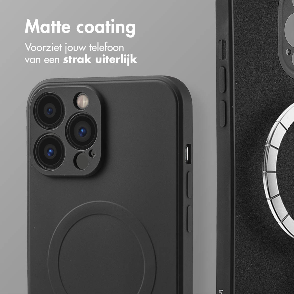 Coque de téléphone noire avec un design circulaire. Texte : Revêtement mat.