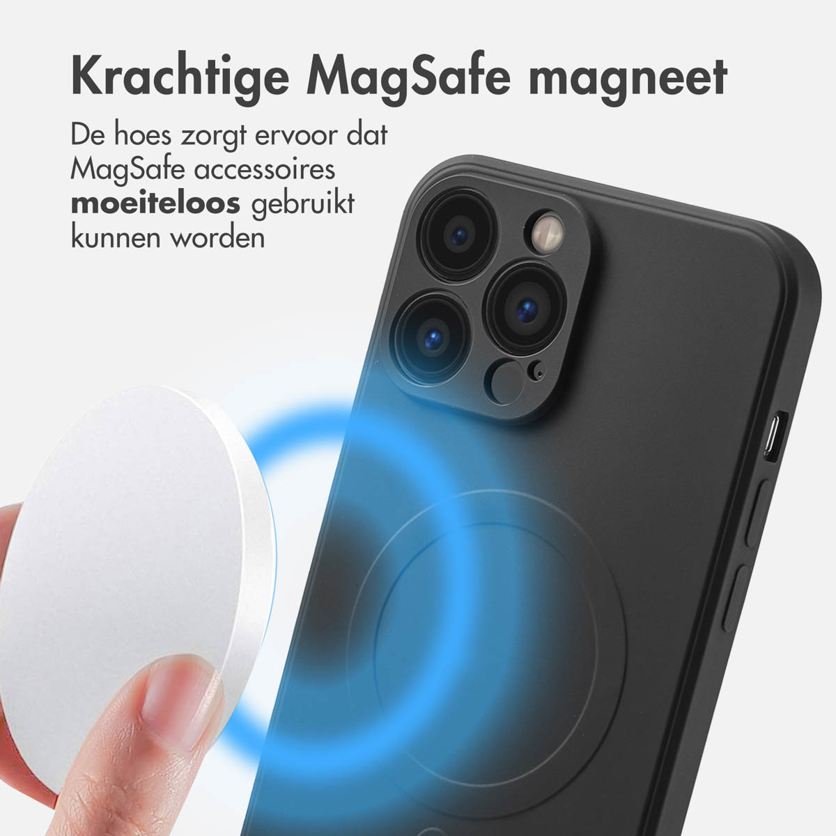 Coque de téléphone noire avec un cercle blanc et un disque blanc. Texte dit aimant MagSafe.