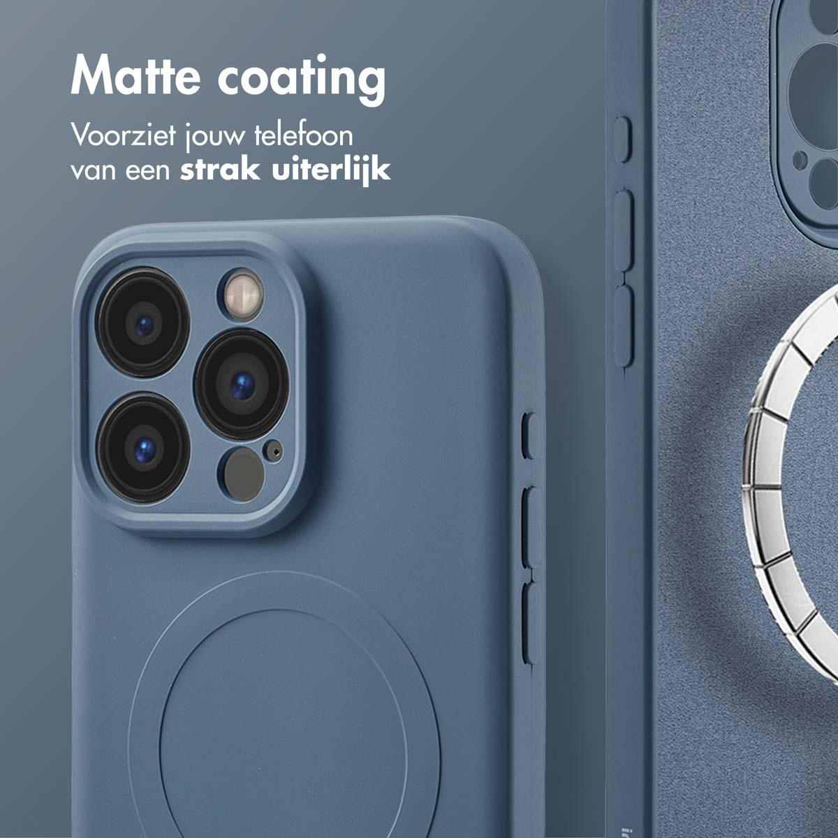 Coque bleue avec cercle MagSafe. Texte: 'Revêtement mat' pour une apparence élégante.