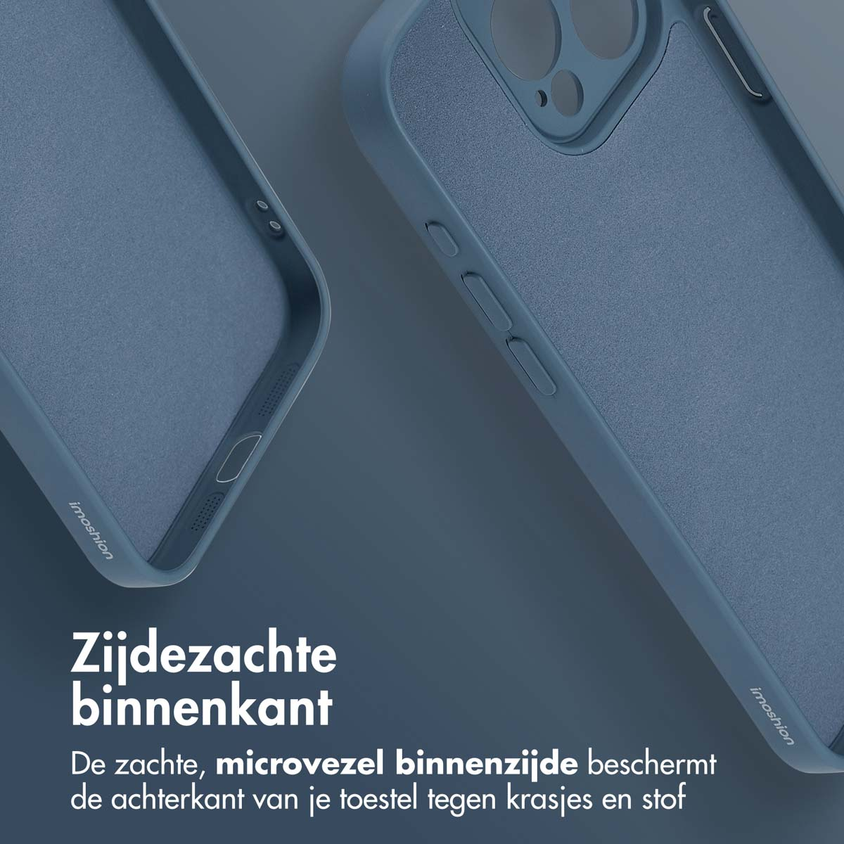 Coque de téléphone bleue. Texte : Intérieur doux, protège l'arrière de votre appareil.