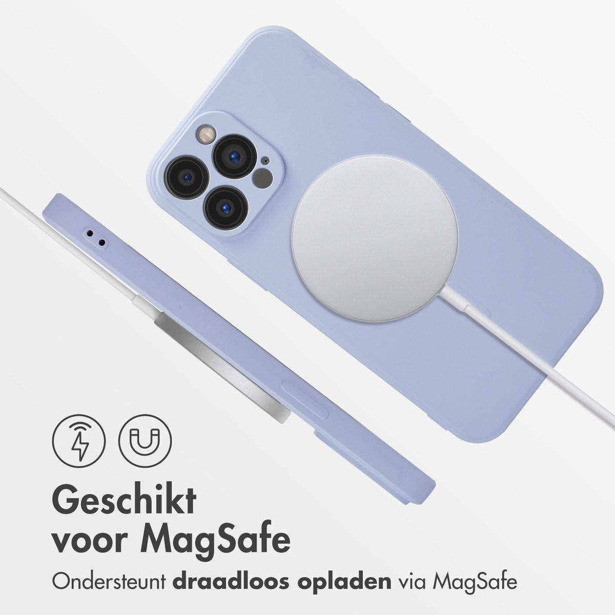 Téléphone avec étui et chargeur MagSafe connecté. Texte : 'Adapté à MagSafe'. Prend en charge la recharge sans fil.