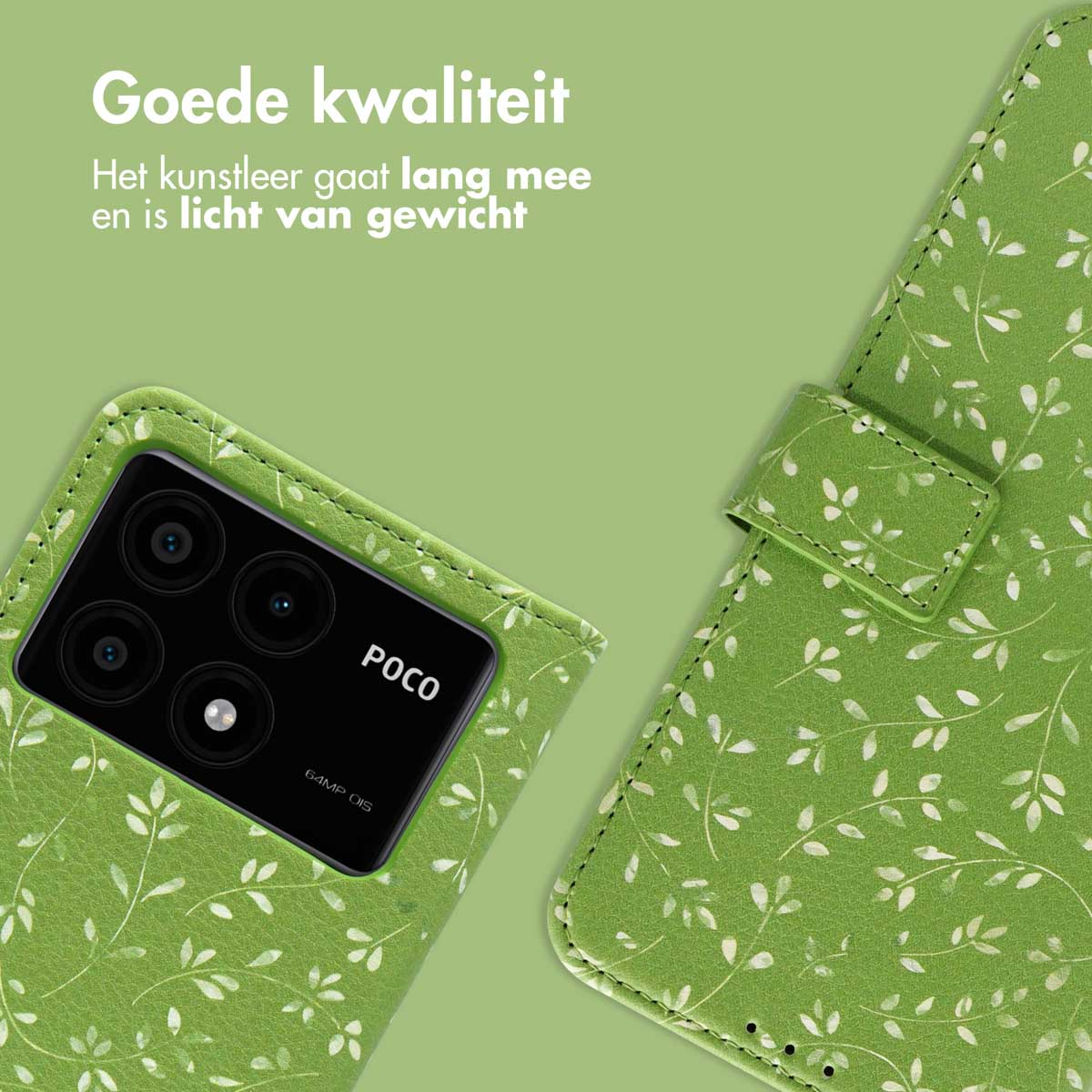 Groene telefoonhoes met bladeren en een telefoon erin. De tekst: Goede kwaliteit.