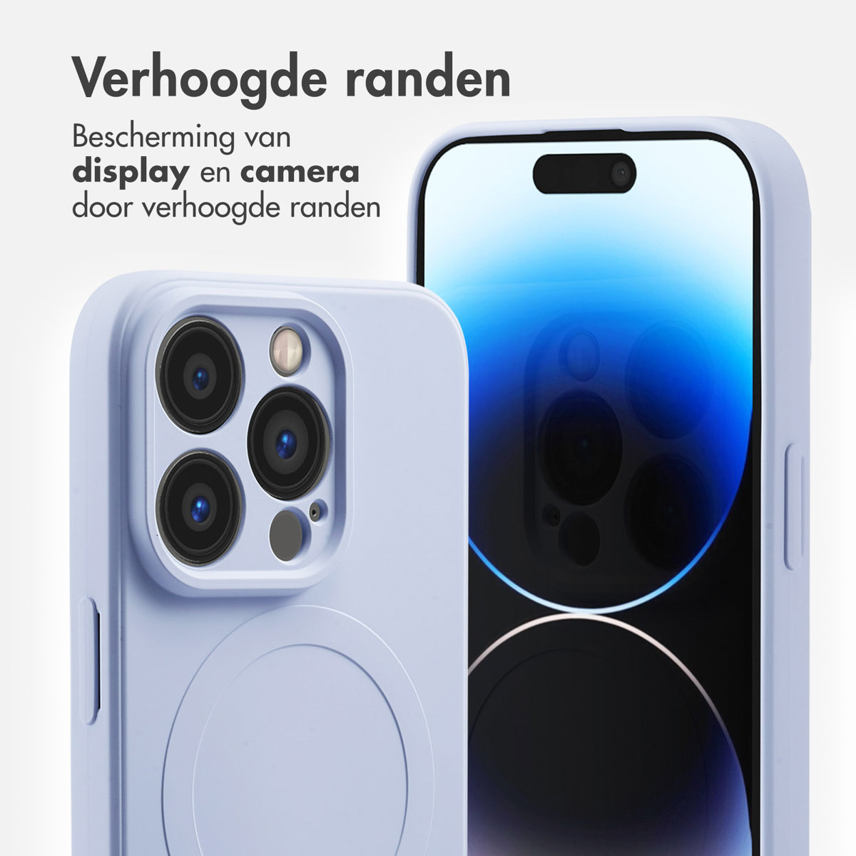 Lichtpaarse telefoonhoes met verhoogde randen, telefoonscherm zichtbaar. Tekst: 'Verhoogde randen'.