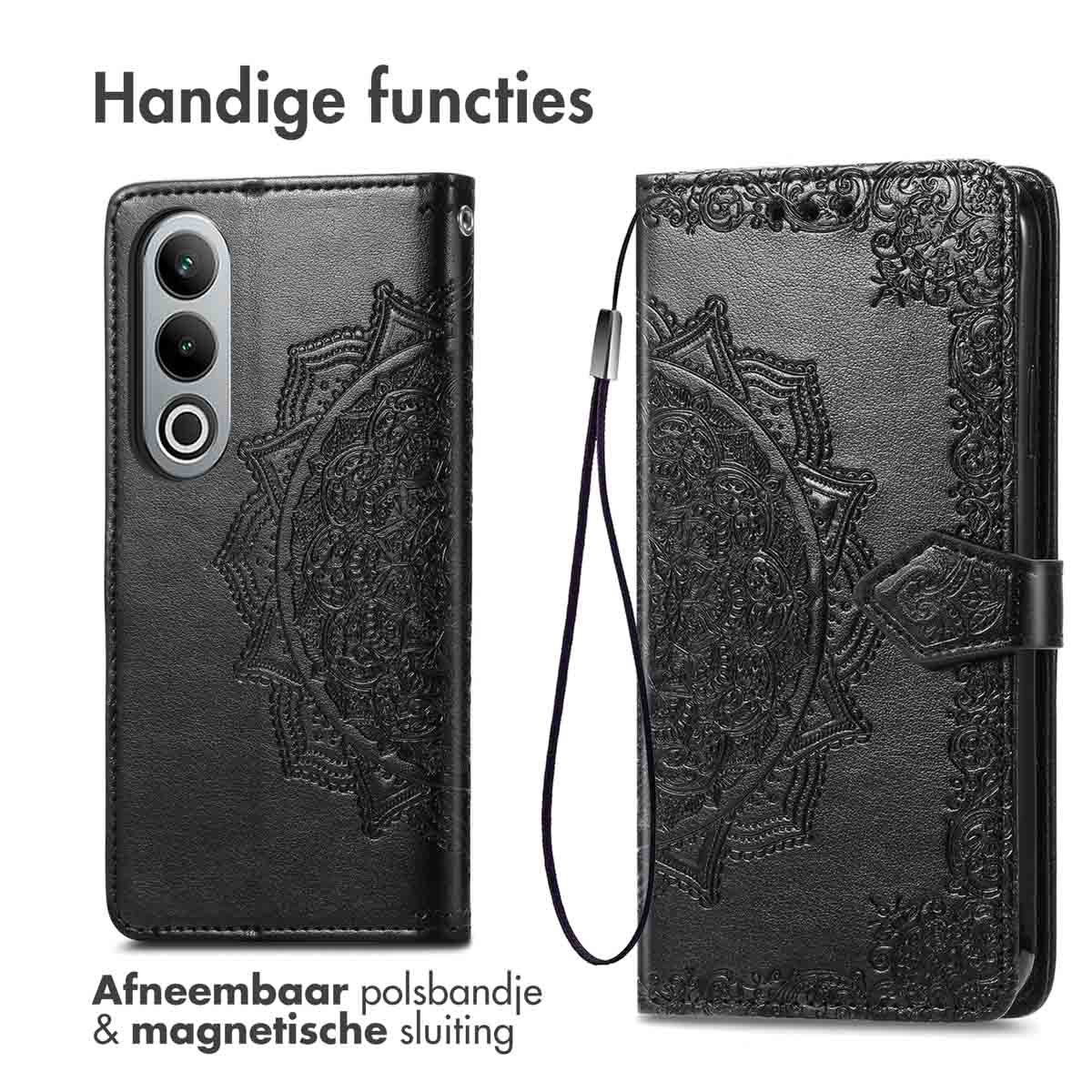 Una custodia nera per telefono con un motivo floreale. La custodia è aperta, rivelando un telefono all'interno.