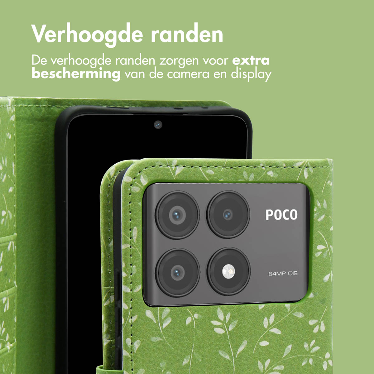 Groene telefoonhoes met telefoon. Tekst: Verhoogde randen voor extra bescherming van camera en scherm.
