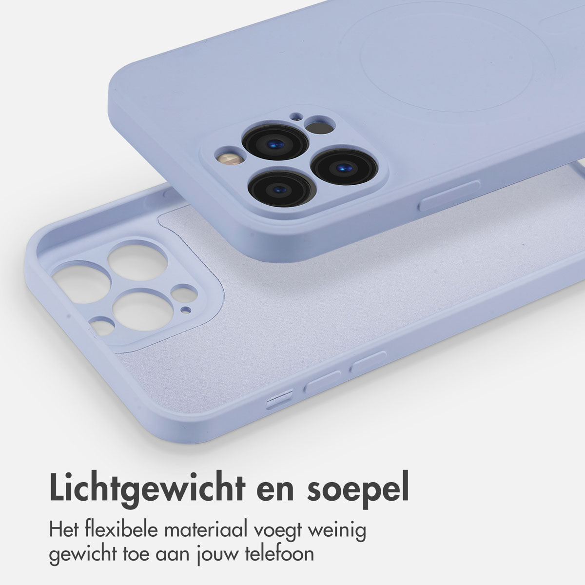 Coque de téléphone violette, avec un téléphone à l'intérieur. La coque est légère et souple.