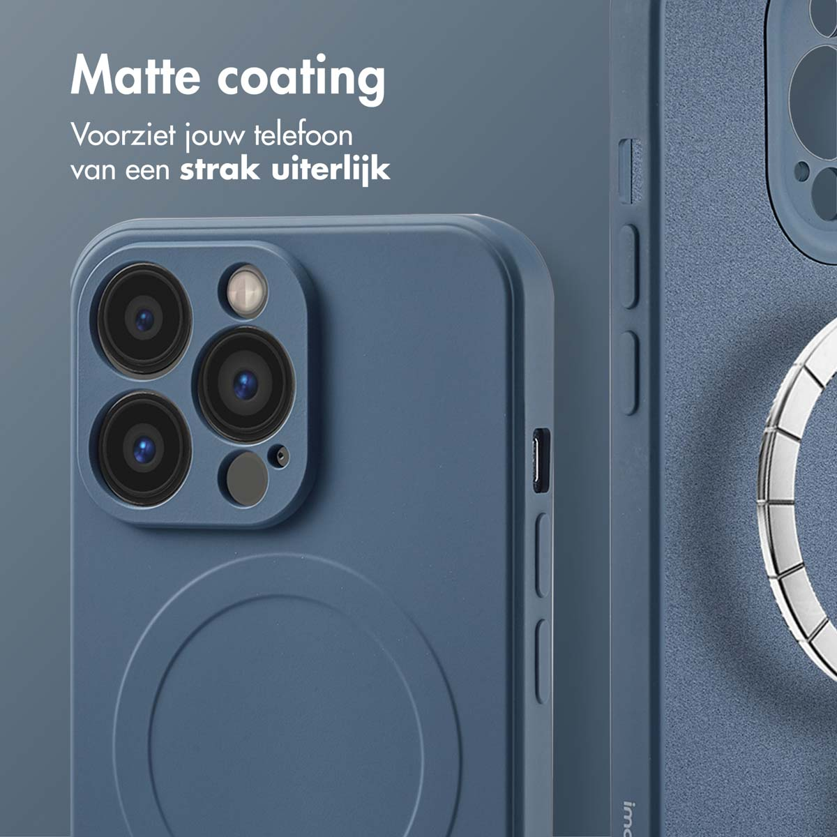 Blauwe telefoonhoes met een telefoon erin. De tekst: Matte coating.