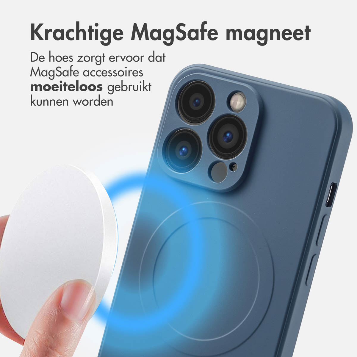 Telefoon met hoesje en MagSafe-lader. Tekst: 'Sterke MagSafe-magneet'.