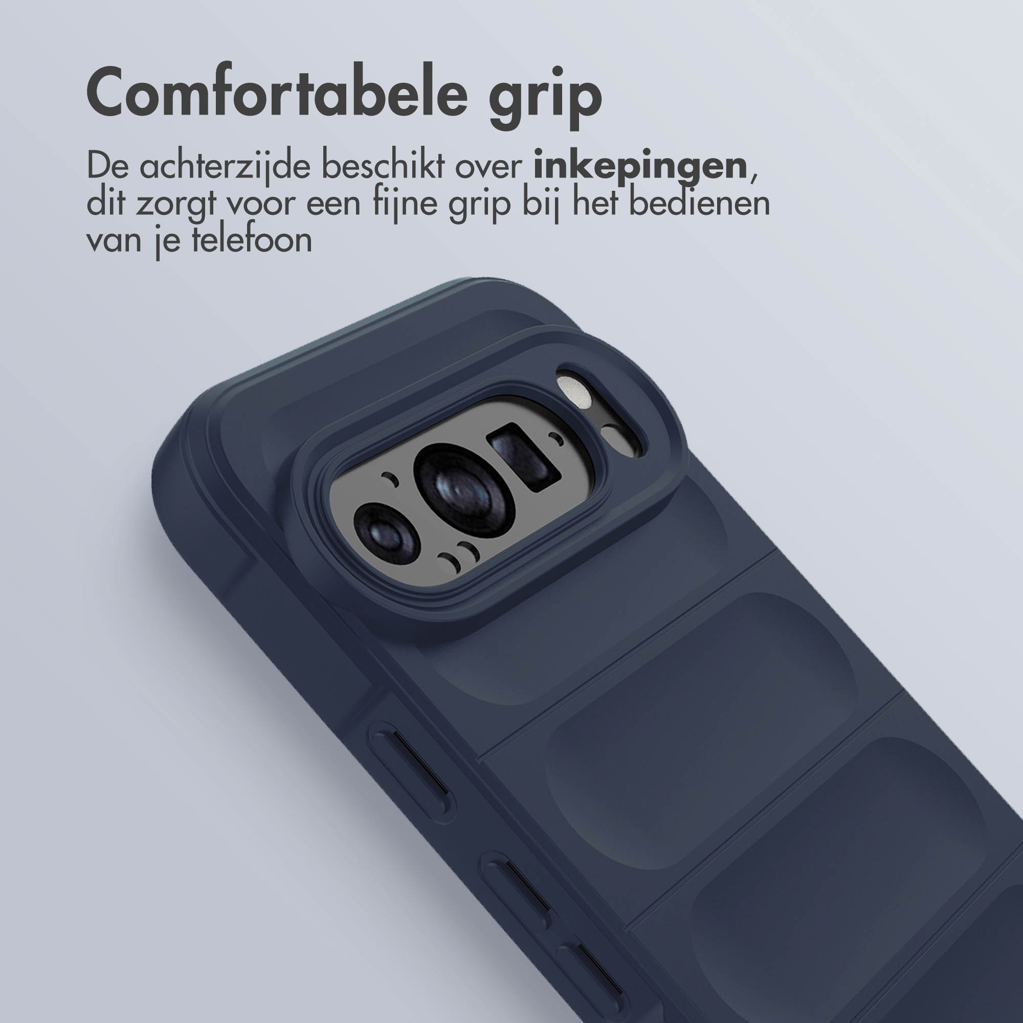 Een donkerblauwe telefoonhoes. Tekst zegt comfortabele grip.