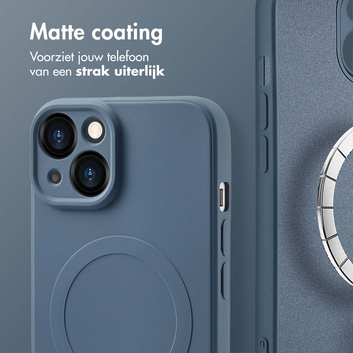 Gros plan d'une coque de téléphone bleue. Texte : Revêtement mat. Donne à votre téléphone un look élégant.