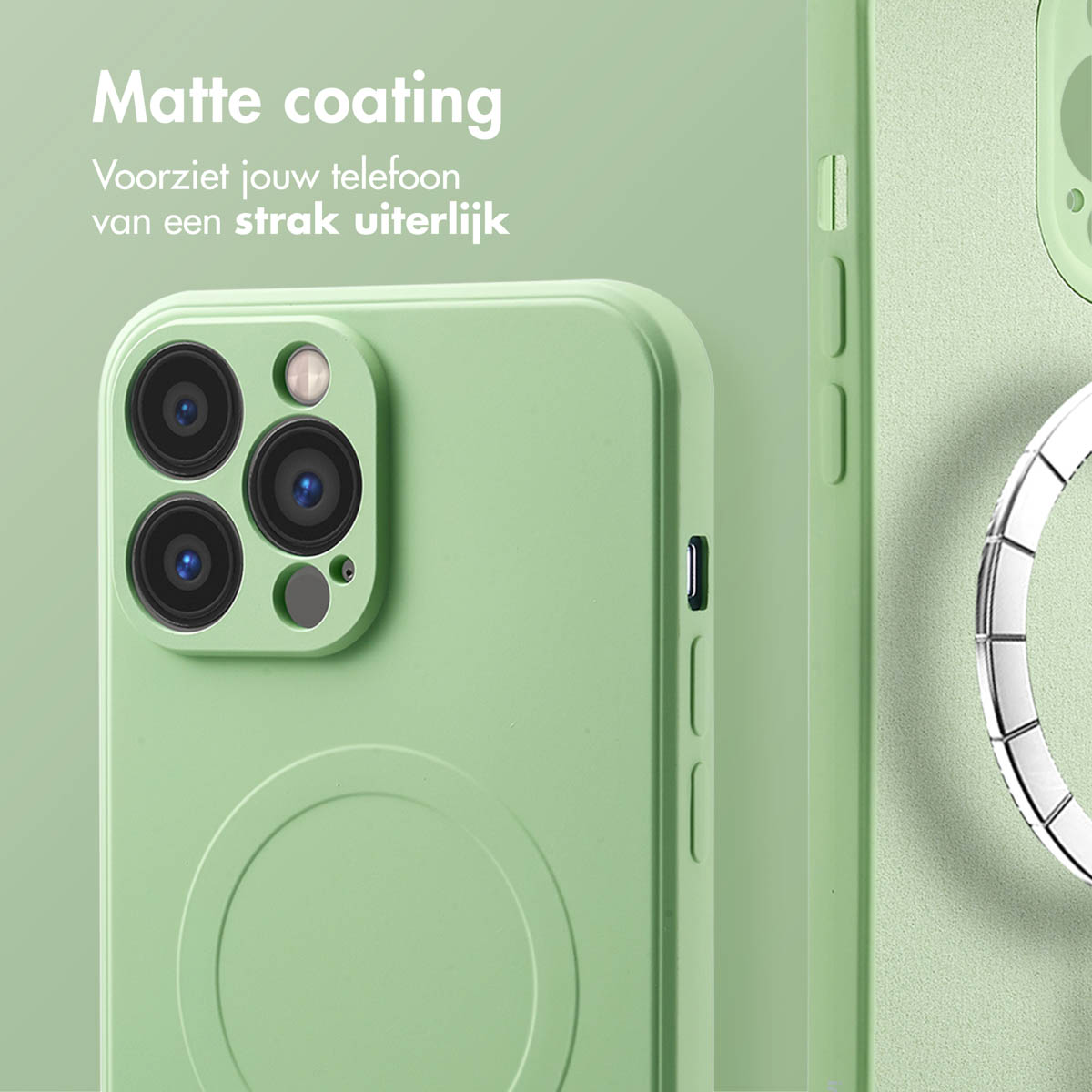 Coque de téléphone verte avec une finition mate, le texte 'Revêtement mat' est affiché. Partie d'une autre coque.