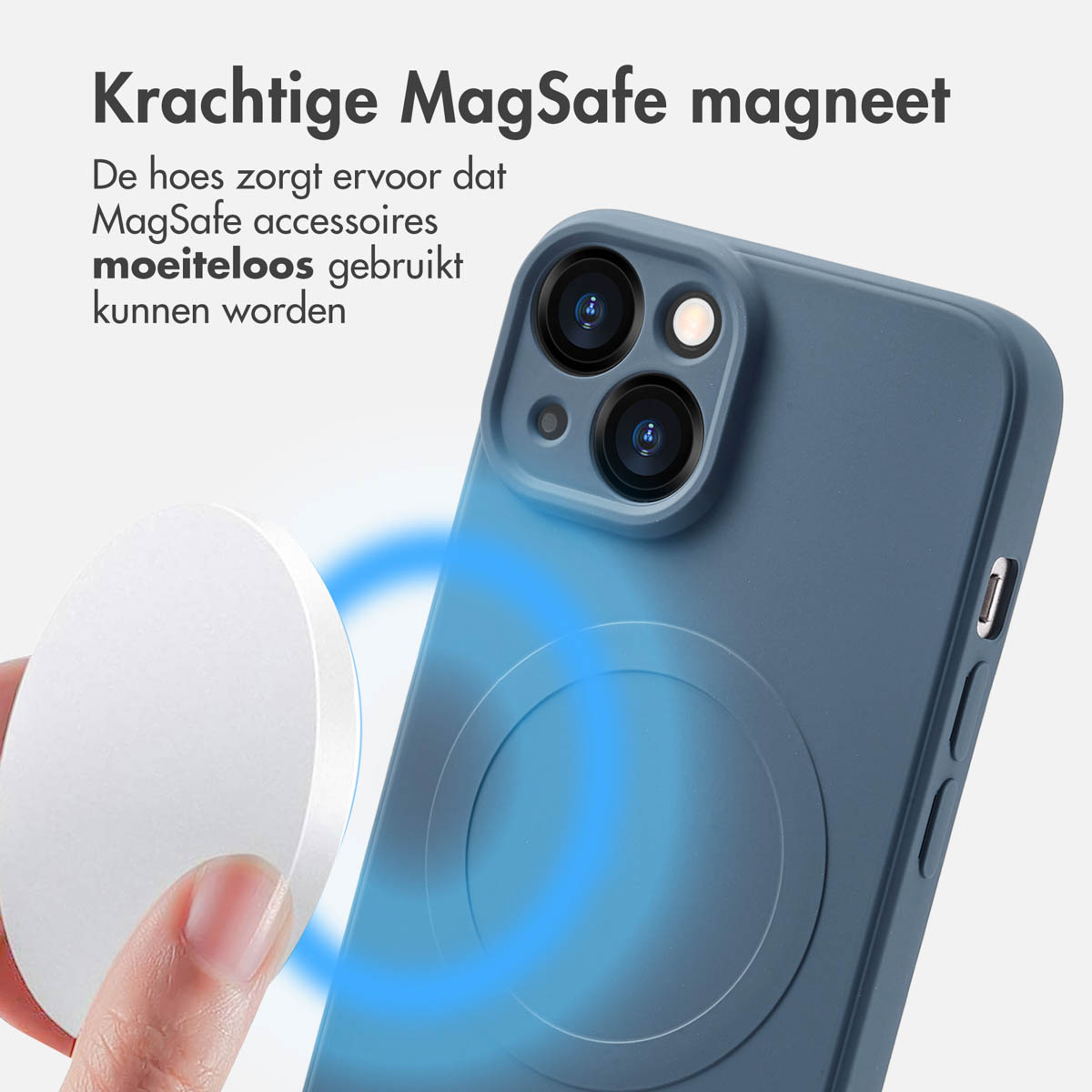 Téléphone avec étui et chargeur MagSafe. Texte : 'Aimant MagSafe puissant'.