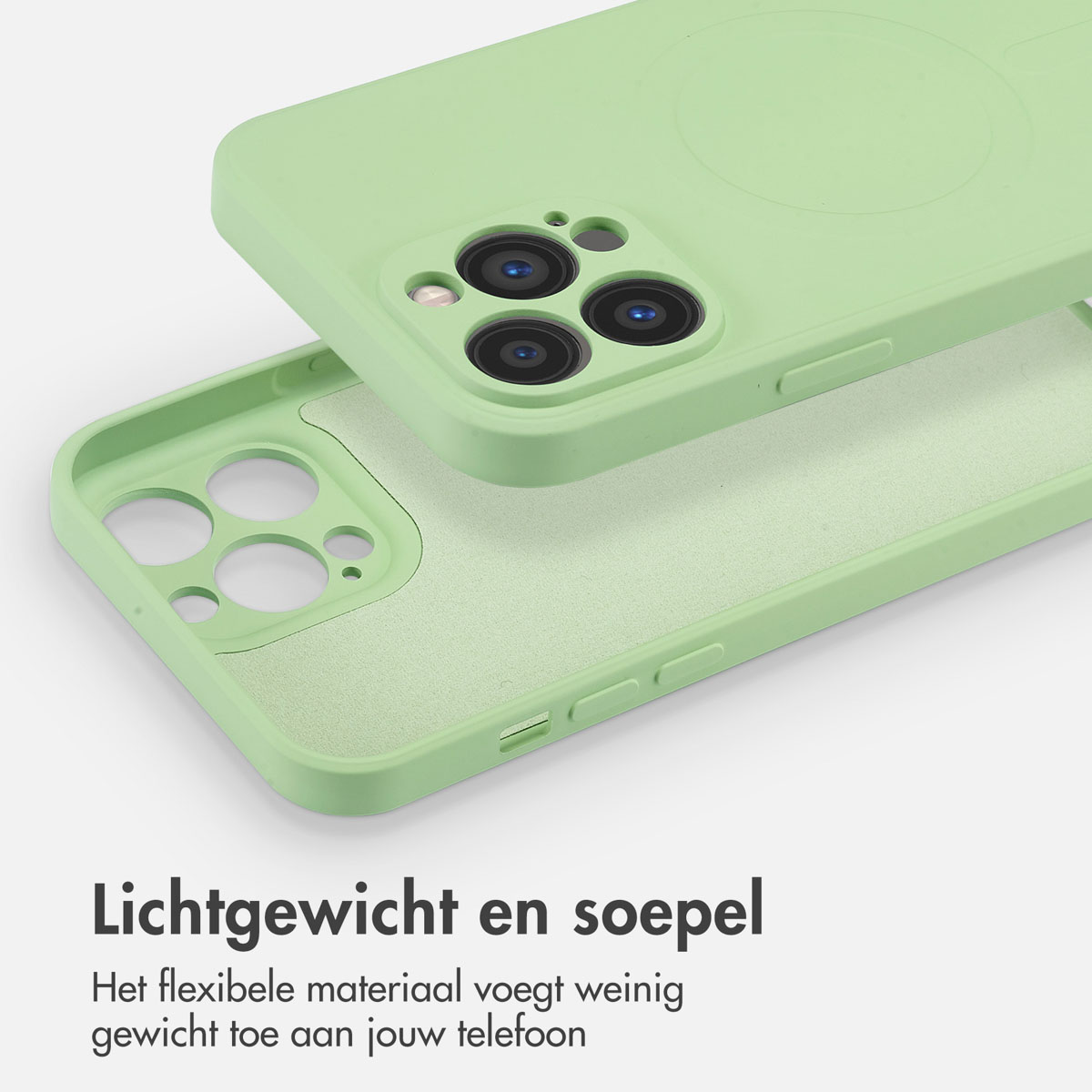 Deux coques de téléphone vert clair, une ouverte. Texte: Léger et souple.