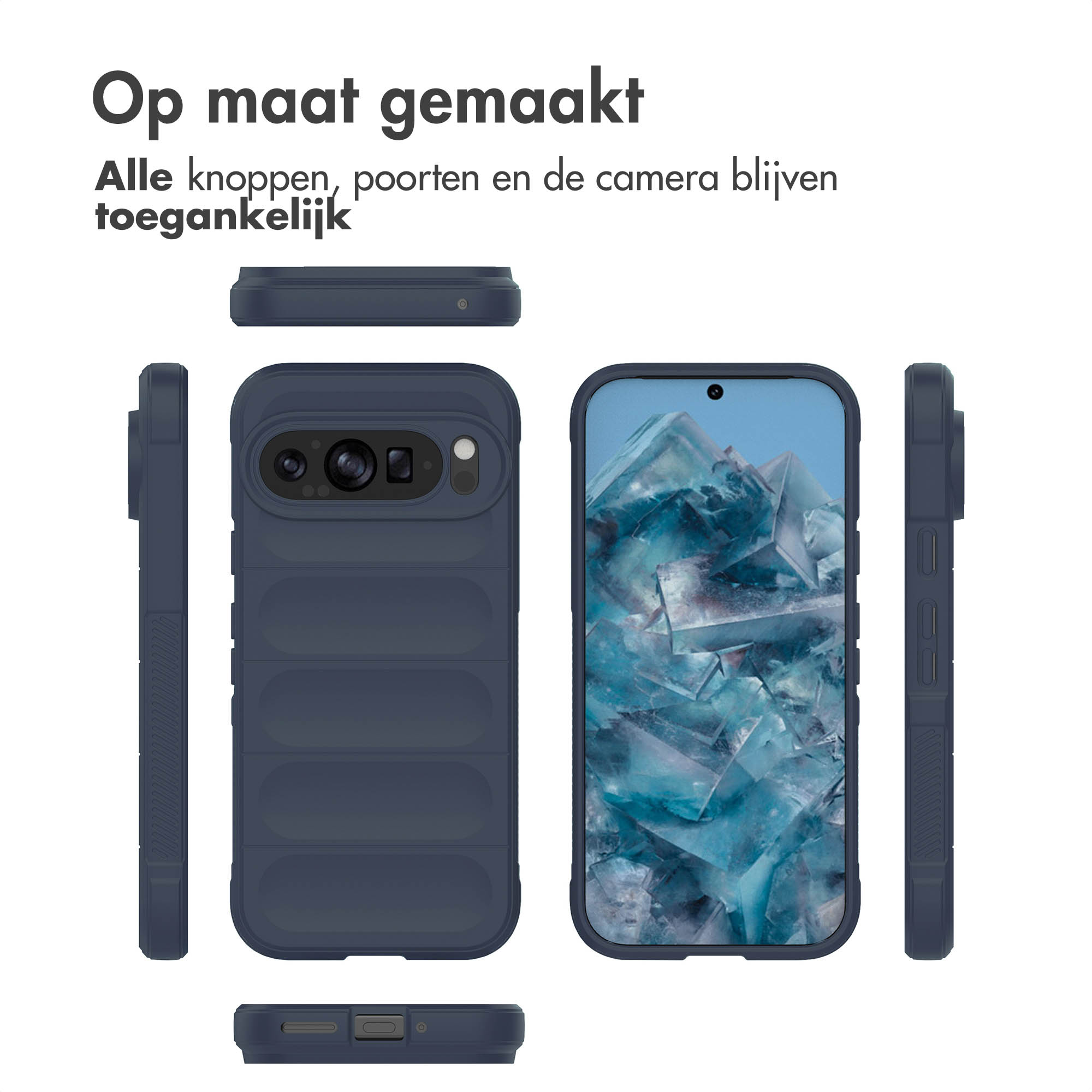 Blauwe telefoonhoes om een telefoon. Meerdere weergaven van de hoes.
