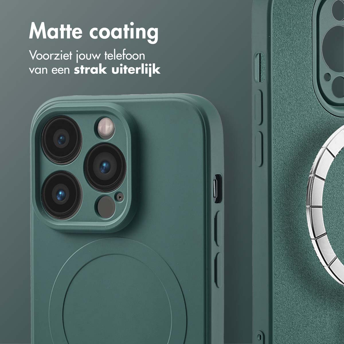 Groene telefoonhoes met een MagSafe-cirkel. Tekst: 'Matte coating' voor een strakke look.