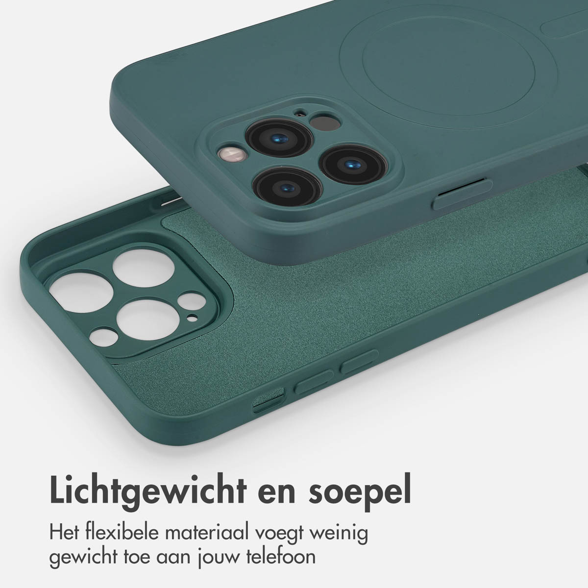 Groene telefoonhoes, tekst 'Lichtgewicht en soepel'. De hoes is open.