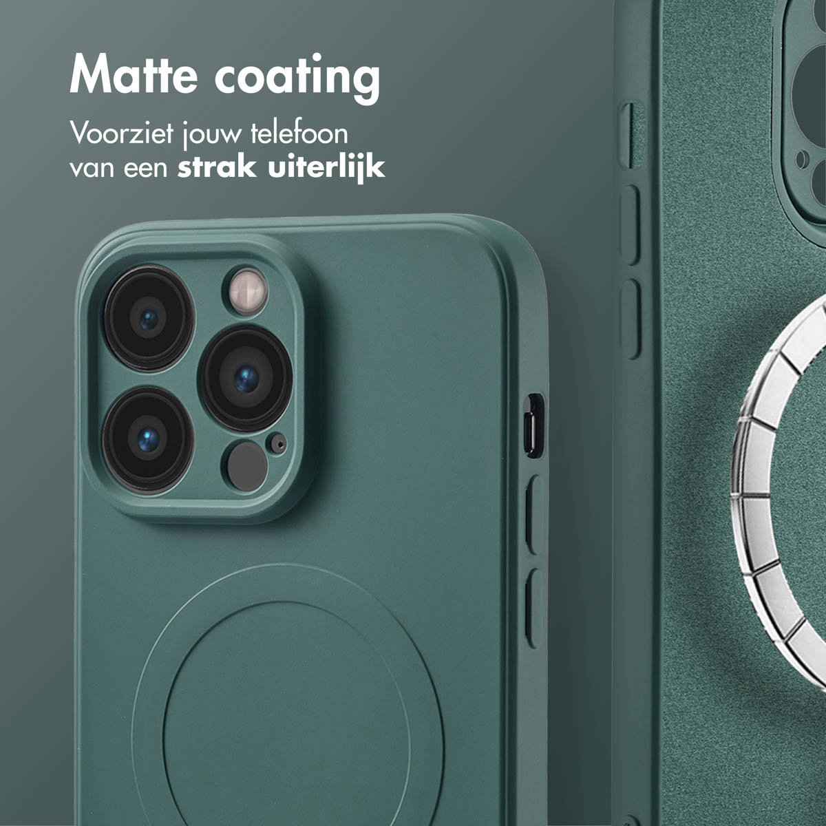 Groene telefoonhoes met camera-uitsparingen. Er staat een andere hoes naast.