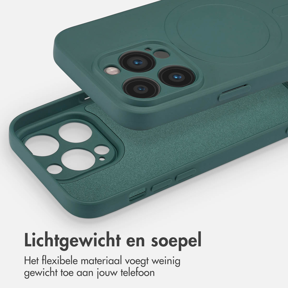 Donkergroene telefoonhoes, gedeeltelijk open, onthult de binnenkant. Tekst: lichtgewicht en soepel.