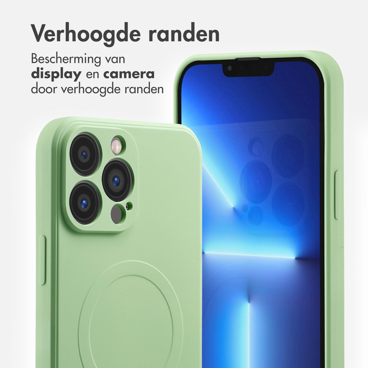 Coque verte avec téléphone à l'intérieur. La coque a des bords surélevés et un design circulaire.