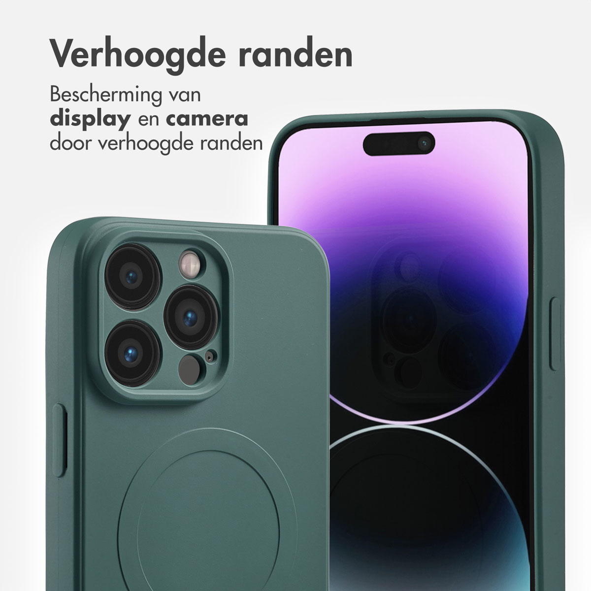 Groene telefoonhoes met telefoon erin. De hoes heeft verhoogde randen. Het scherm is paars.