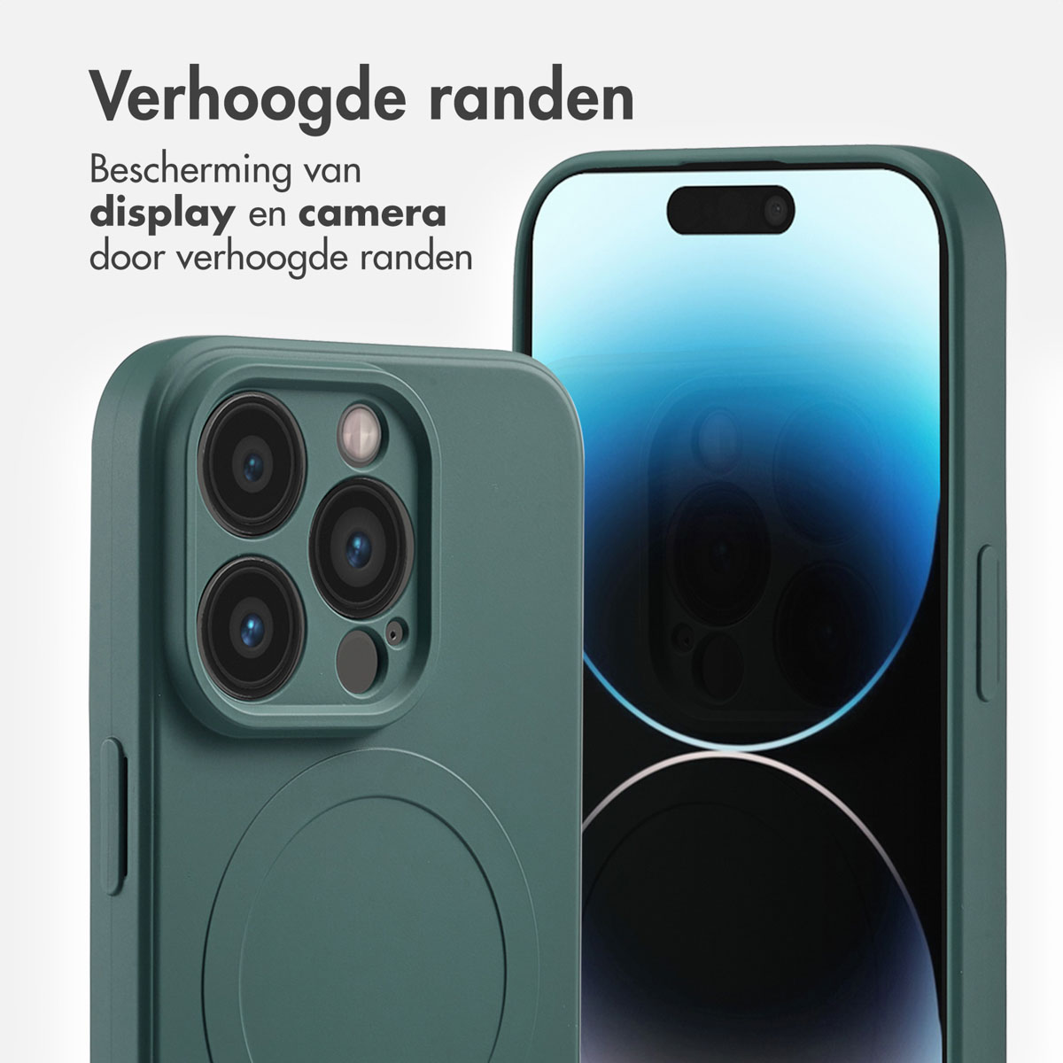 Groene telefoonhoes met telefoon erin. Scherm zichtbaar, en de achterkant met camera.