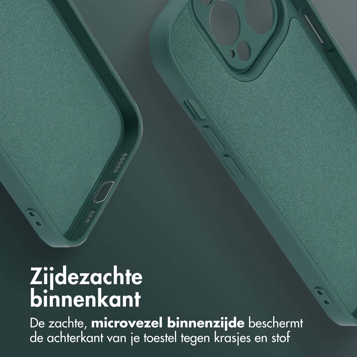 Close-up van twee donkergroene telefoonhoesjes die de binnenkant laten zien. Tekst: zijdezacht binnenin.