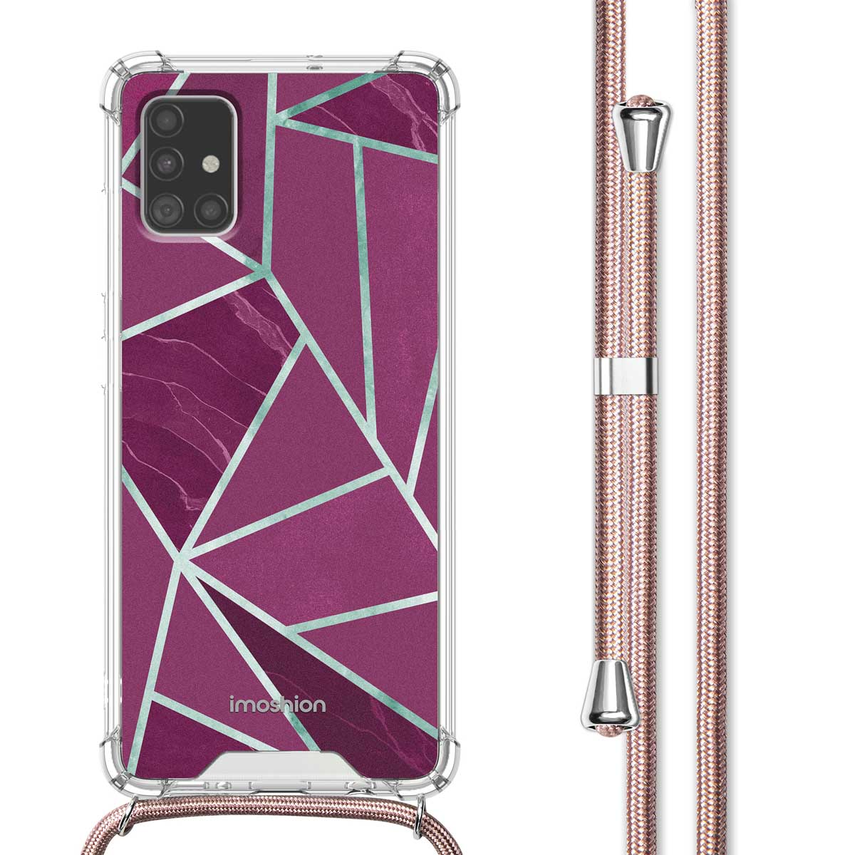 Telefono in una custodia con design a marmo rosa e grigio. La custodia ha una cinghia.