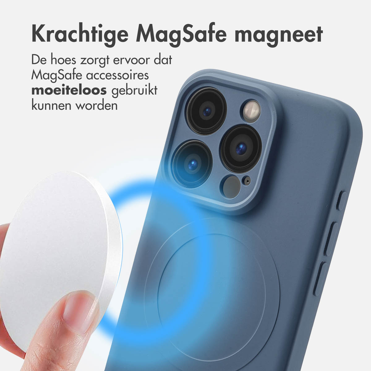 Coque de téléphone bleue avec chargeur MagSafe blanc. Lueur bleue autour du téléphone. Texte : Aimant MagSafe puissant.