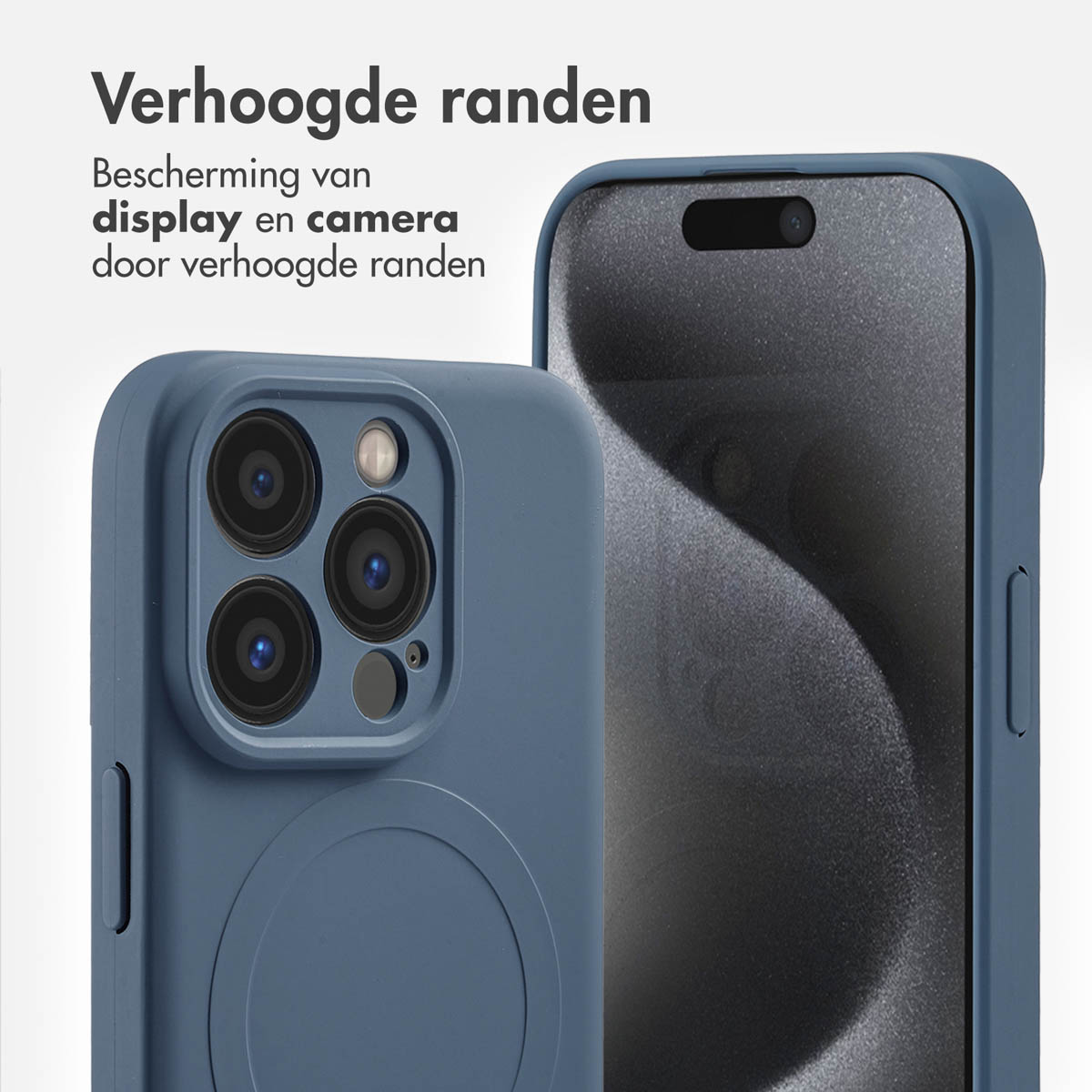 Coque de téléphone bleue, téléphone avec écran noir. Texte: Bords surélevés.