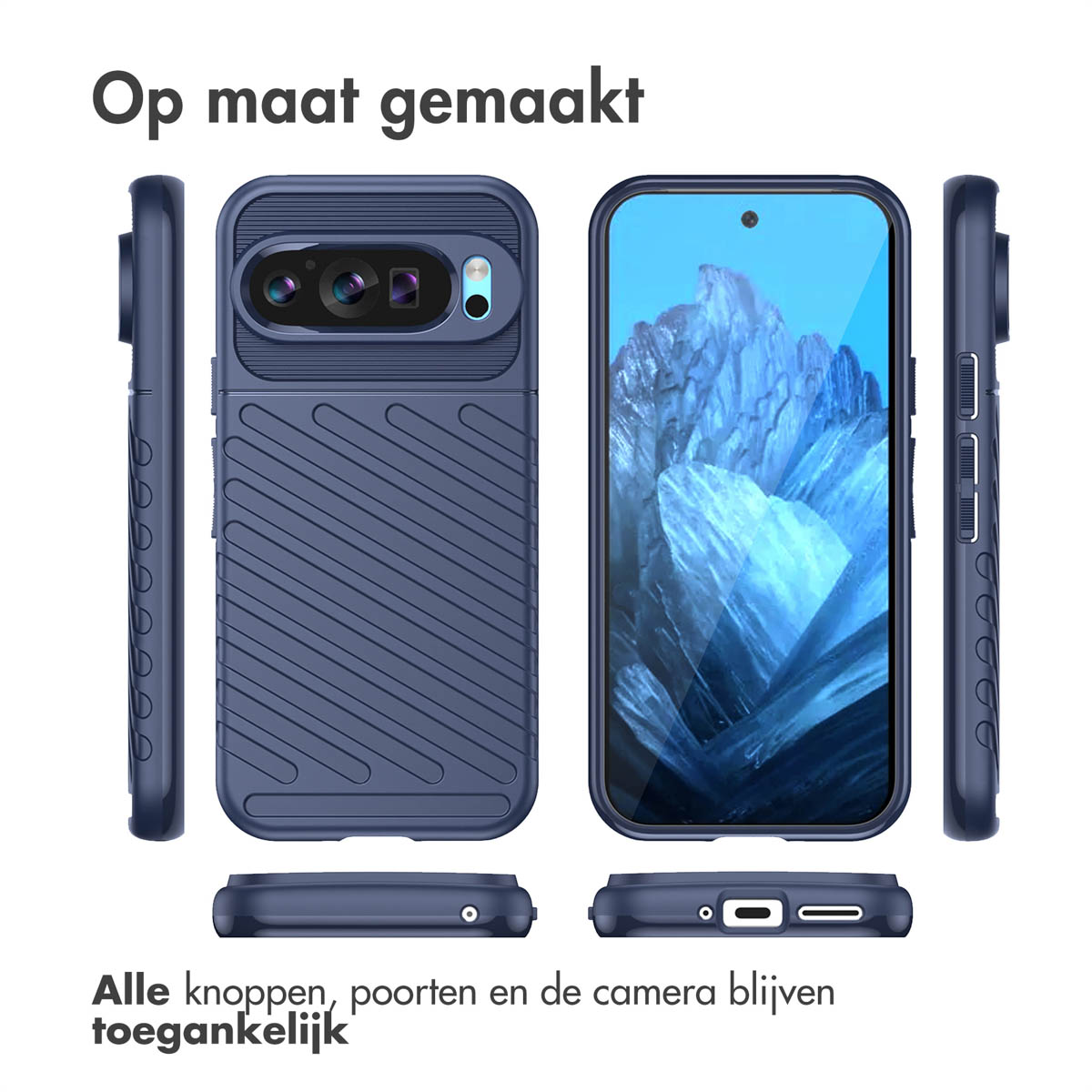 Een blauwe telefoonhoes wordt gepresenteerd, met de voorkant, achterkant en zijkanten. Het scherm is zichtbaar.