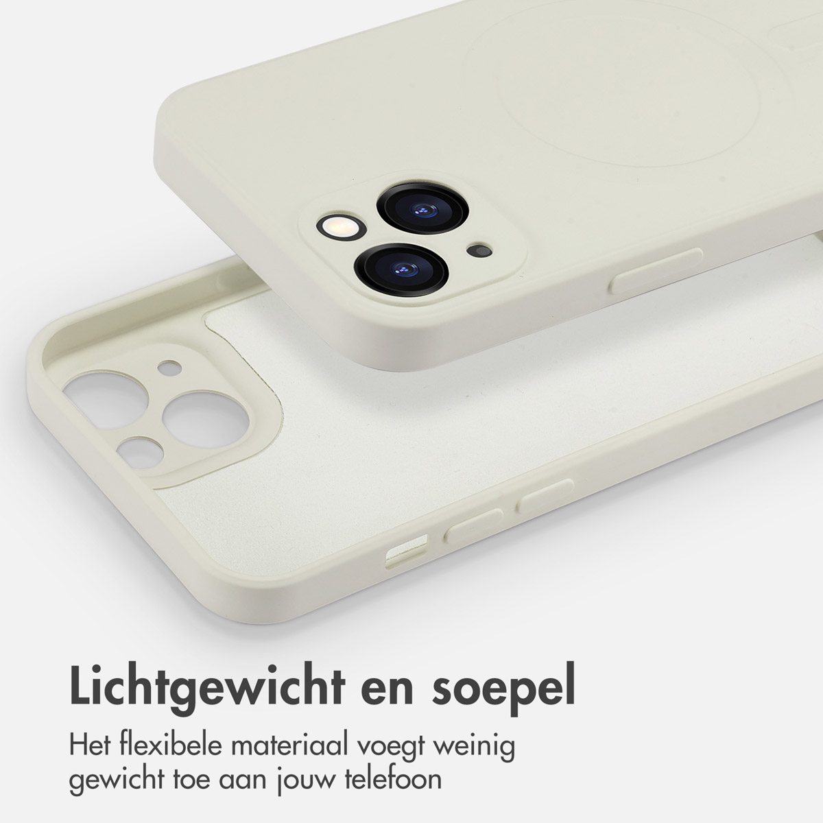 Twee telefoonhoesjes. Eén is open. Tekst: Lichtgewicht en soepel. Het flexibele materiaal voegt weinig gewicht toe.