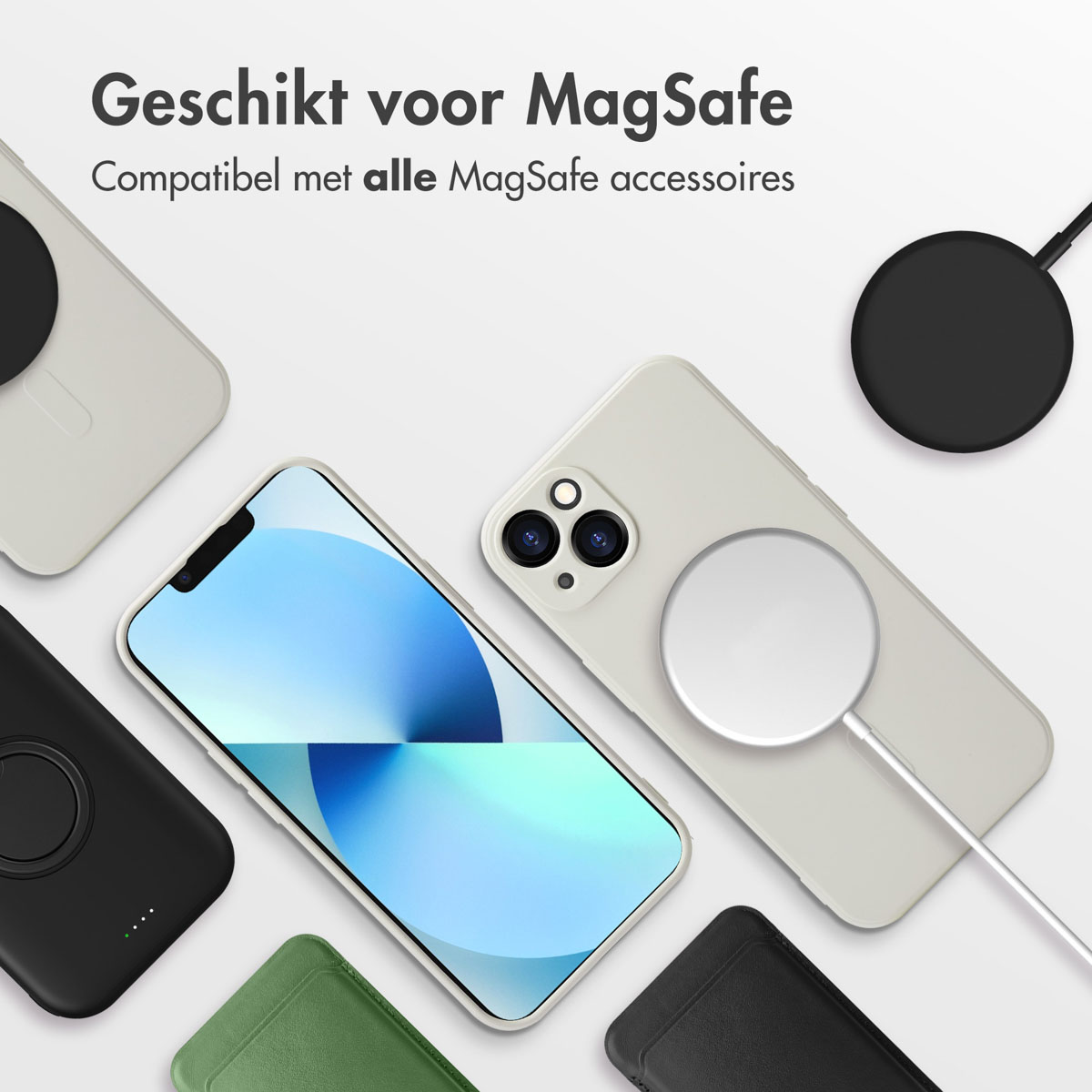 Veel telefoonhoesjes met verschillende accessoires, met de tekst: Geschikt voor MagSafe.