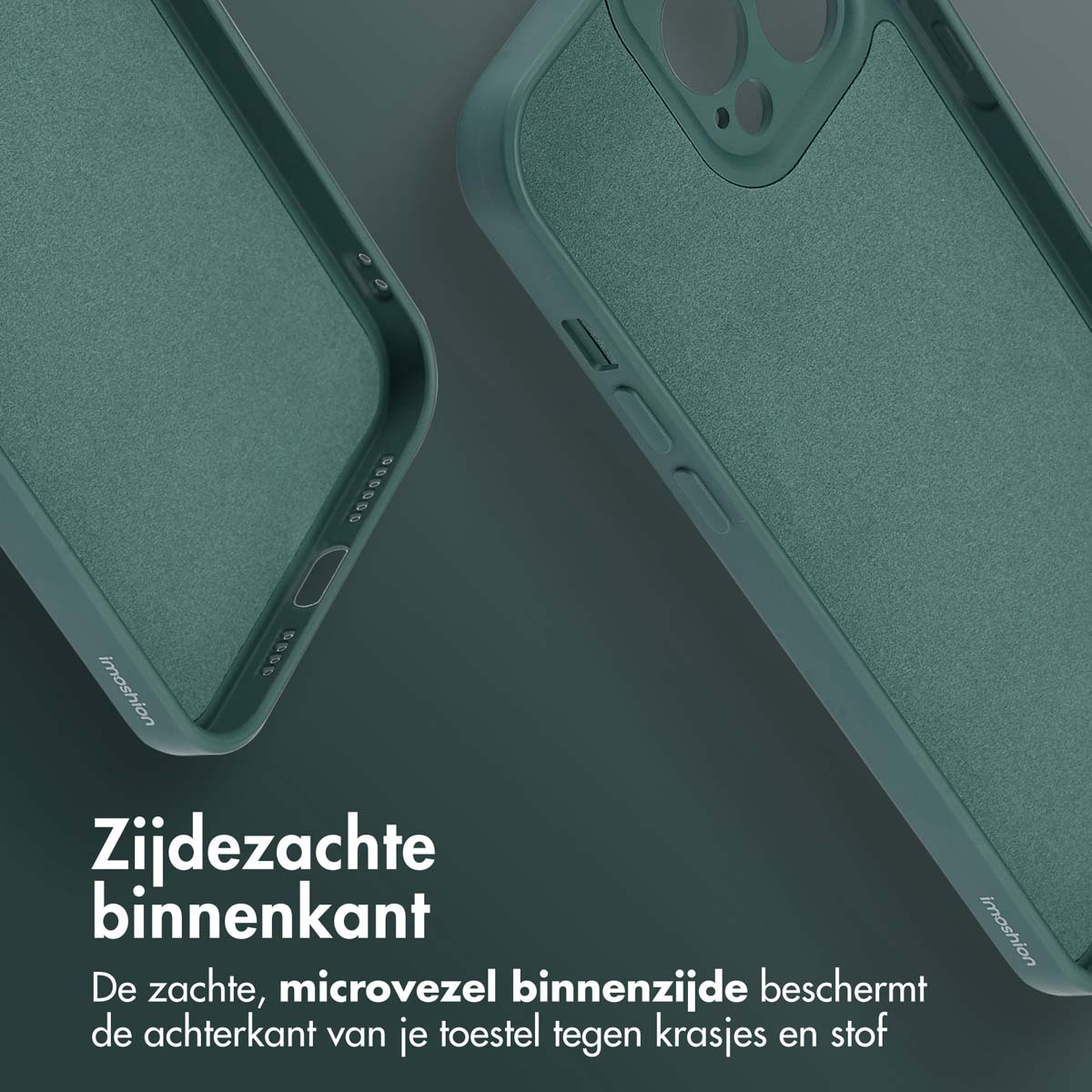 Gros plan de deux coques de téléphone vertes. L'intérieur a une texture douce. Texte : Zijdezachte binnenkant, microfibre douce à l'intérieur.