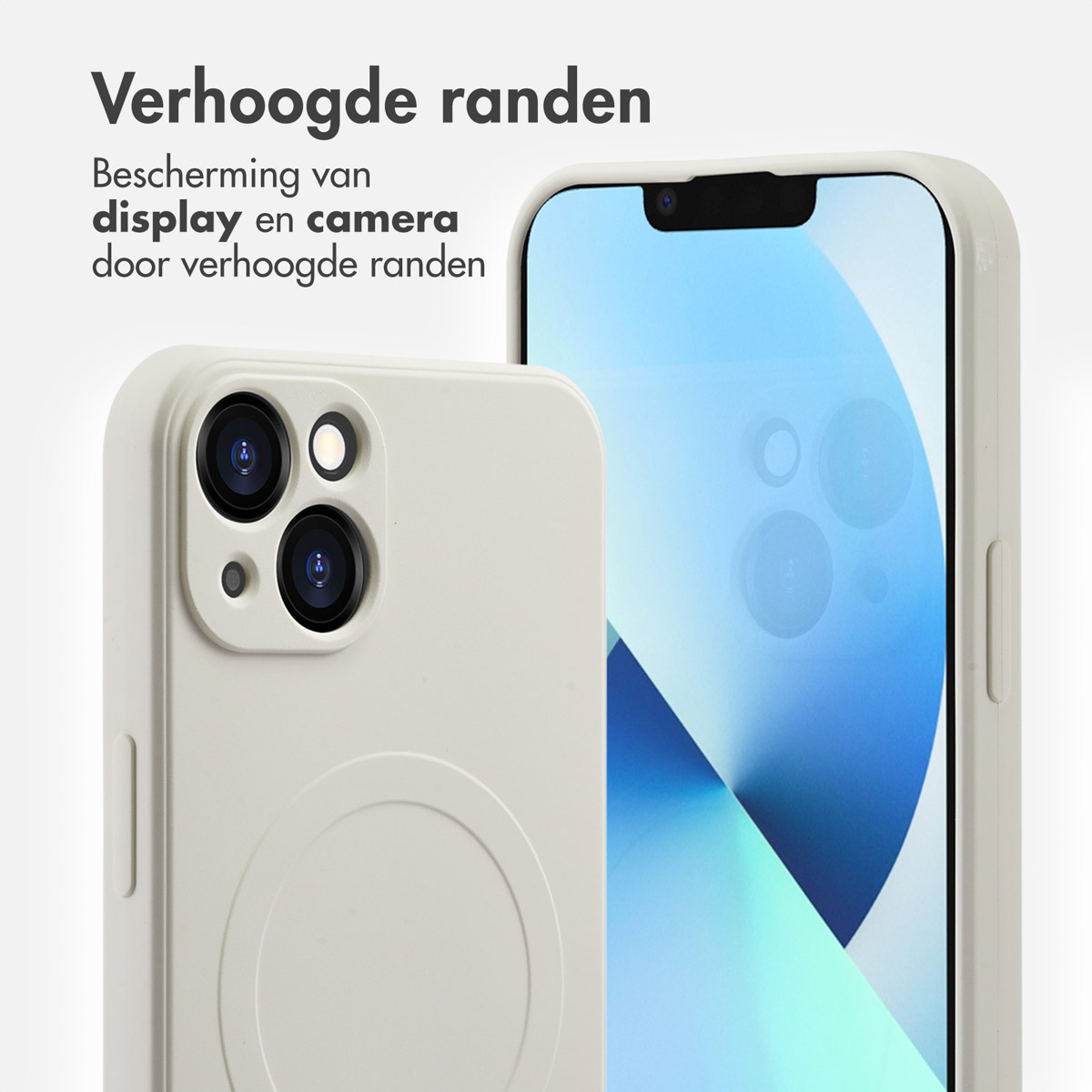 Close-up van telefoon in hoesje. Tekst: 'Verhoogde randen'. Toont scherm- en camerabescherming.