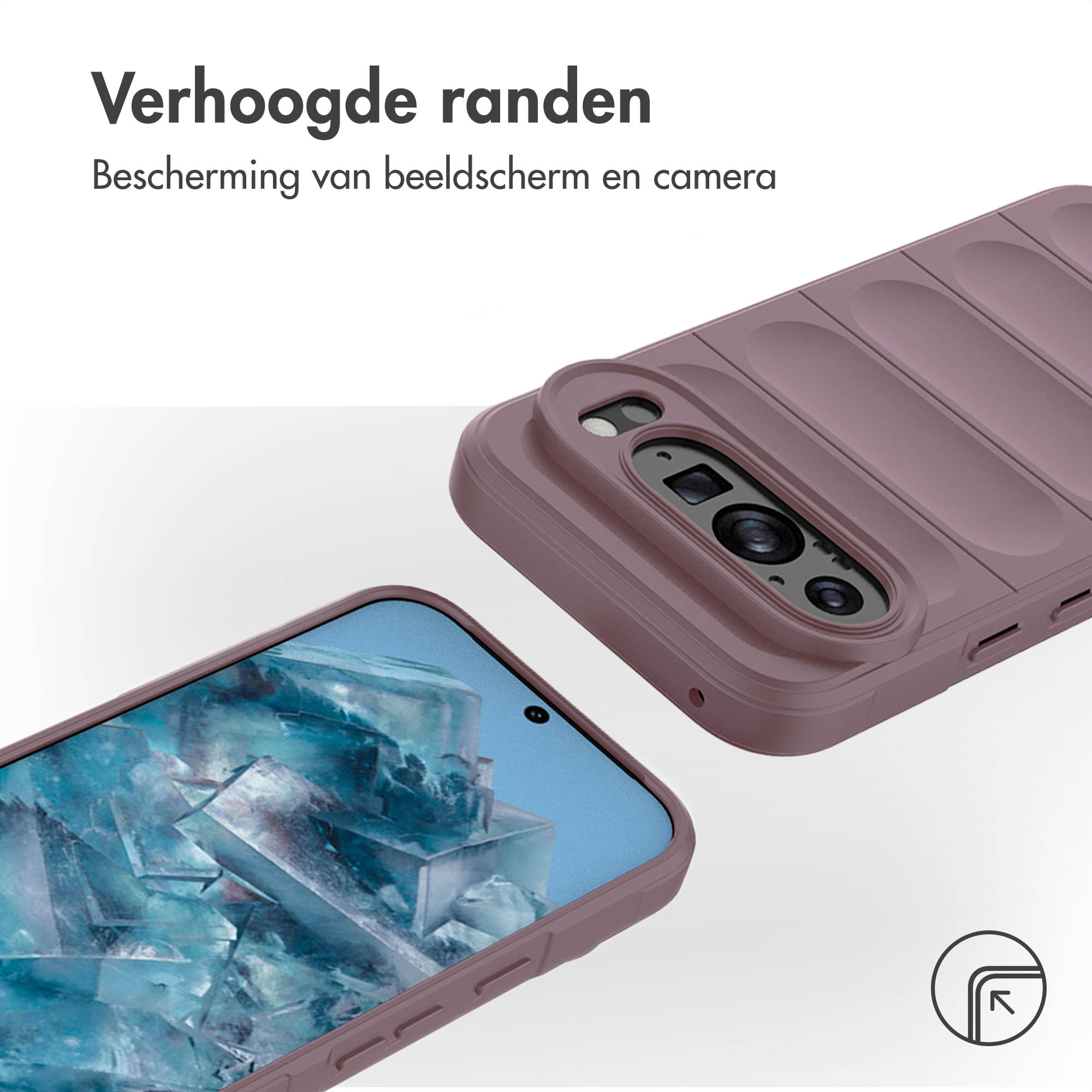 Paars telefoonhoesje met verhoogde randen en een telefoon met een kristalafbeelding. Witte achtergrond.