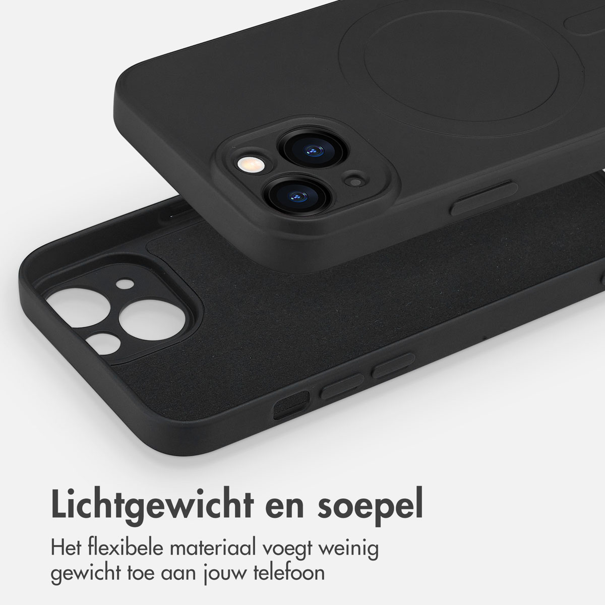 Coque de téléphone noire avec un téléphone à l'intérieur. L'intérieur de la coque est noir.