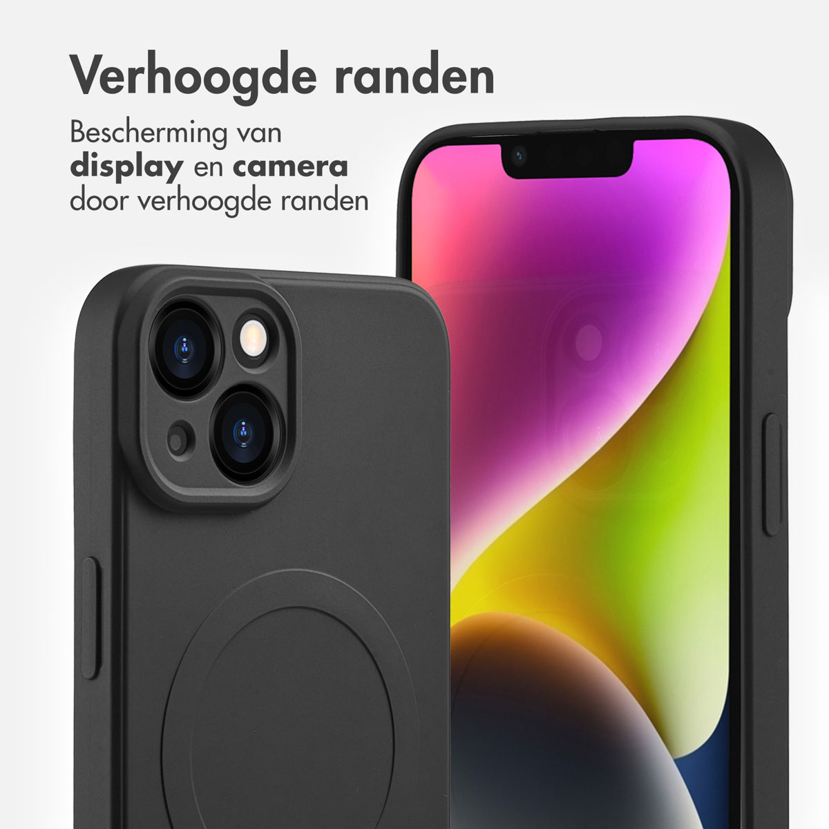 Coque de téléphone noire autour d'un téléphone. Texte : Bords surélevés. Protection de l'écran et de la caméra.