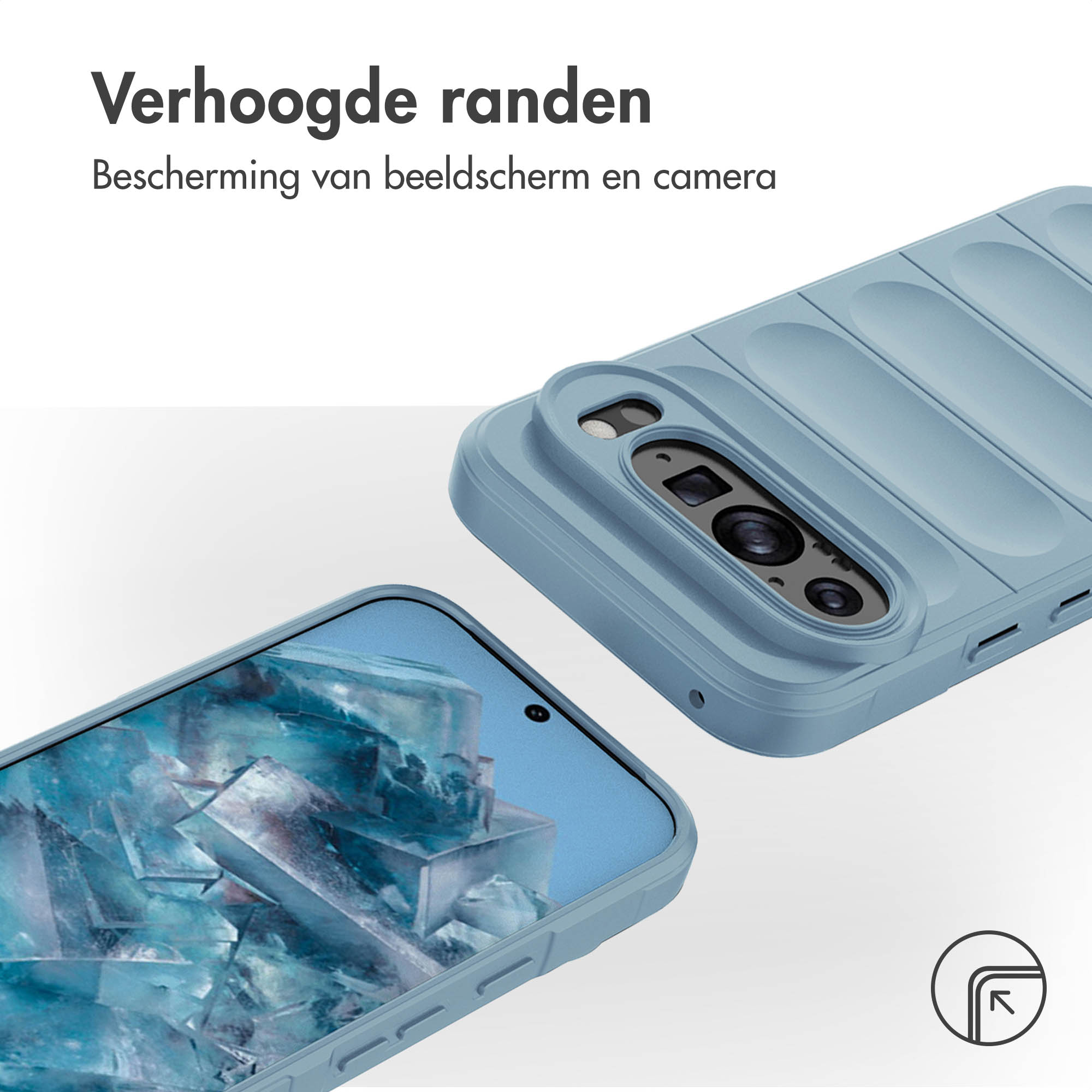 Téléphone bleu avec coque bleue. La coque a des bords surélevés. Avec protection d'écran.