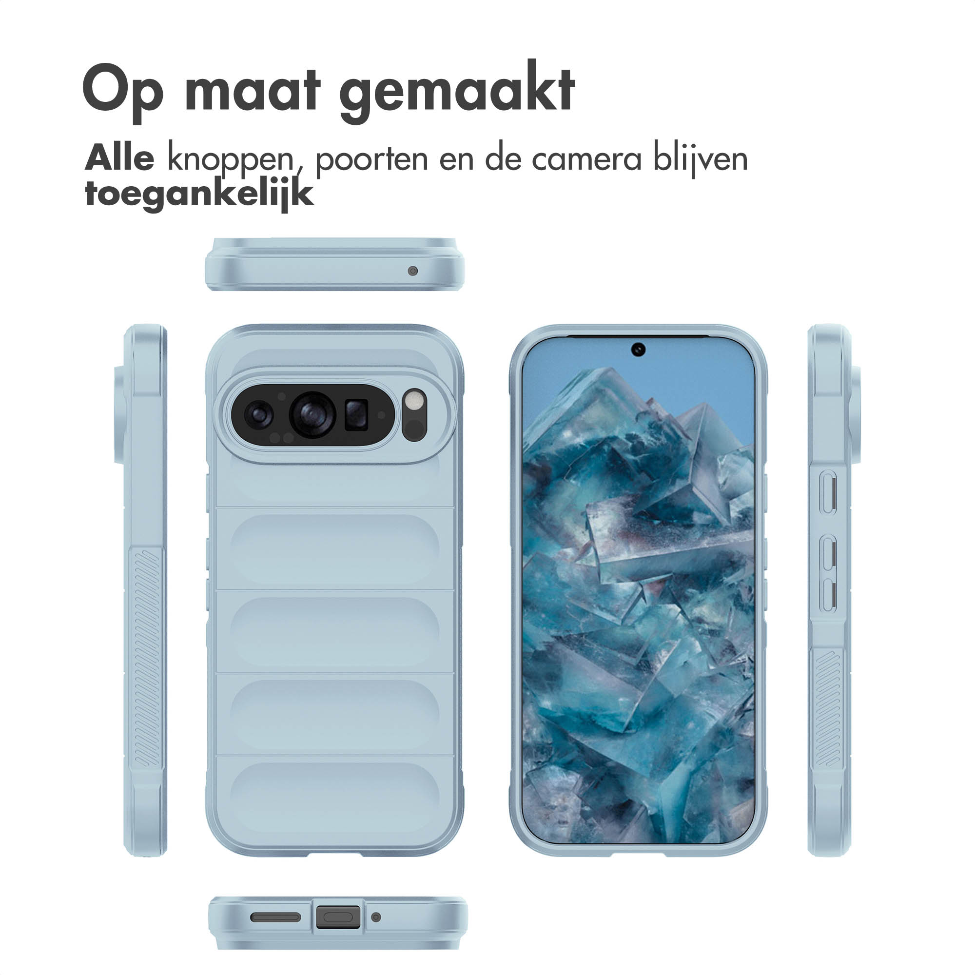 Coque de téléphone bleue autour d'un téléphone. Plusieurs vues de la coque.