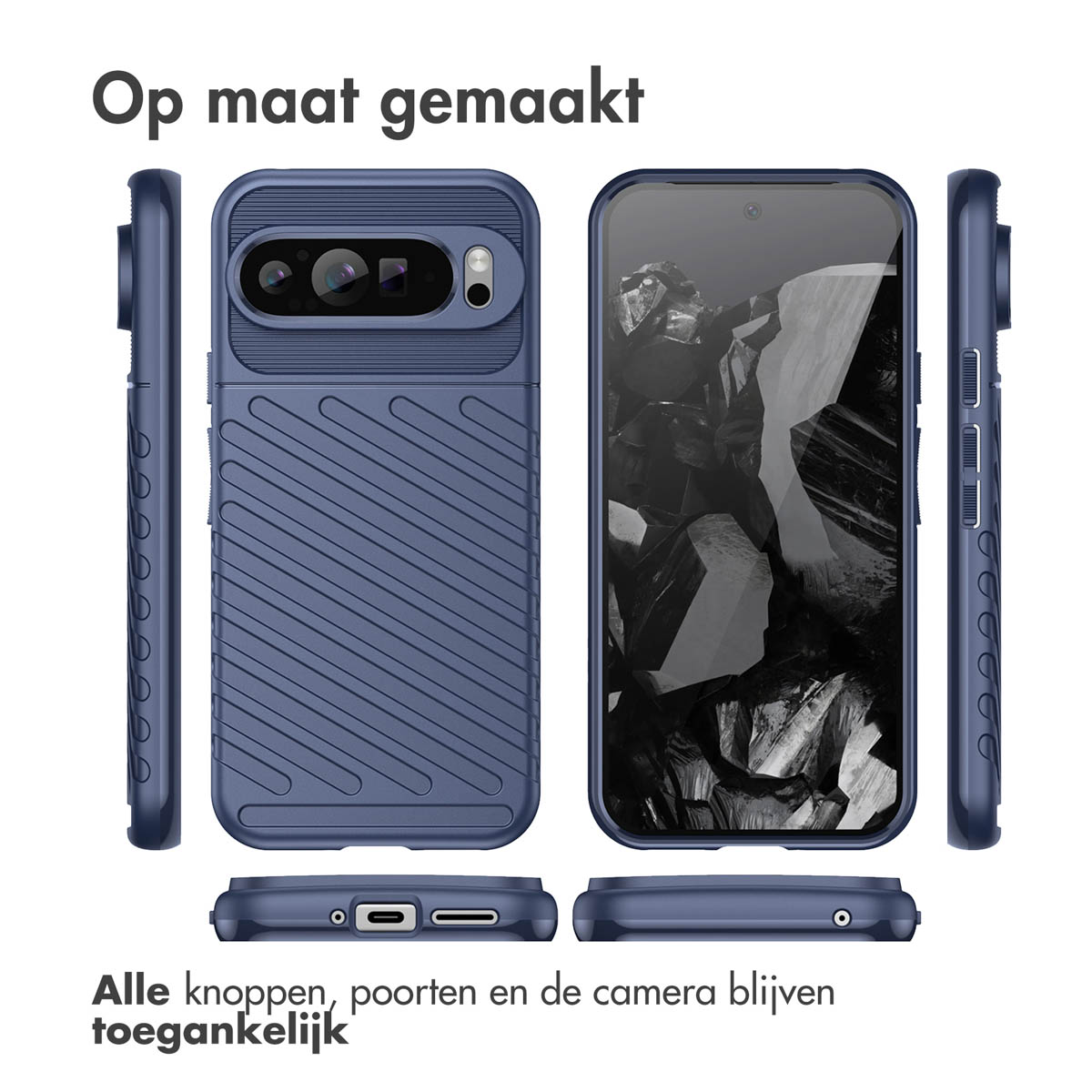 Custodia blu su misura, con pulsanti, porte e fotocamera accessibili.