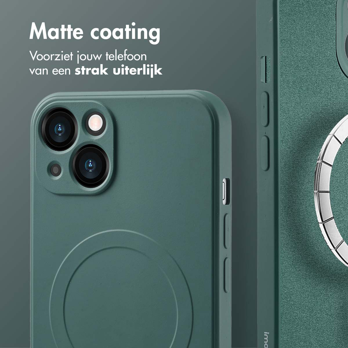 Groen telefoonhoesje met camera-uitsparingen en een MagSafe-cirkel. Groene telefoon. Witte achtergrond.
