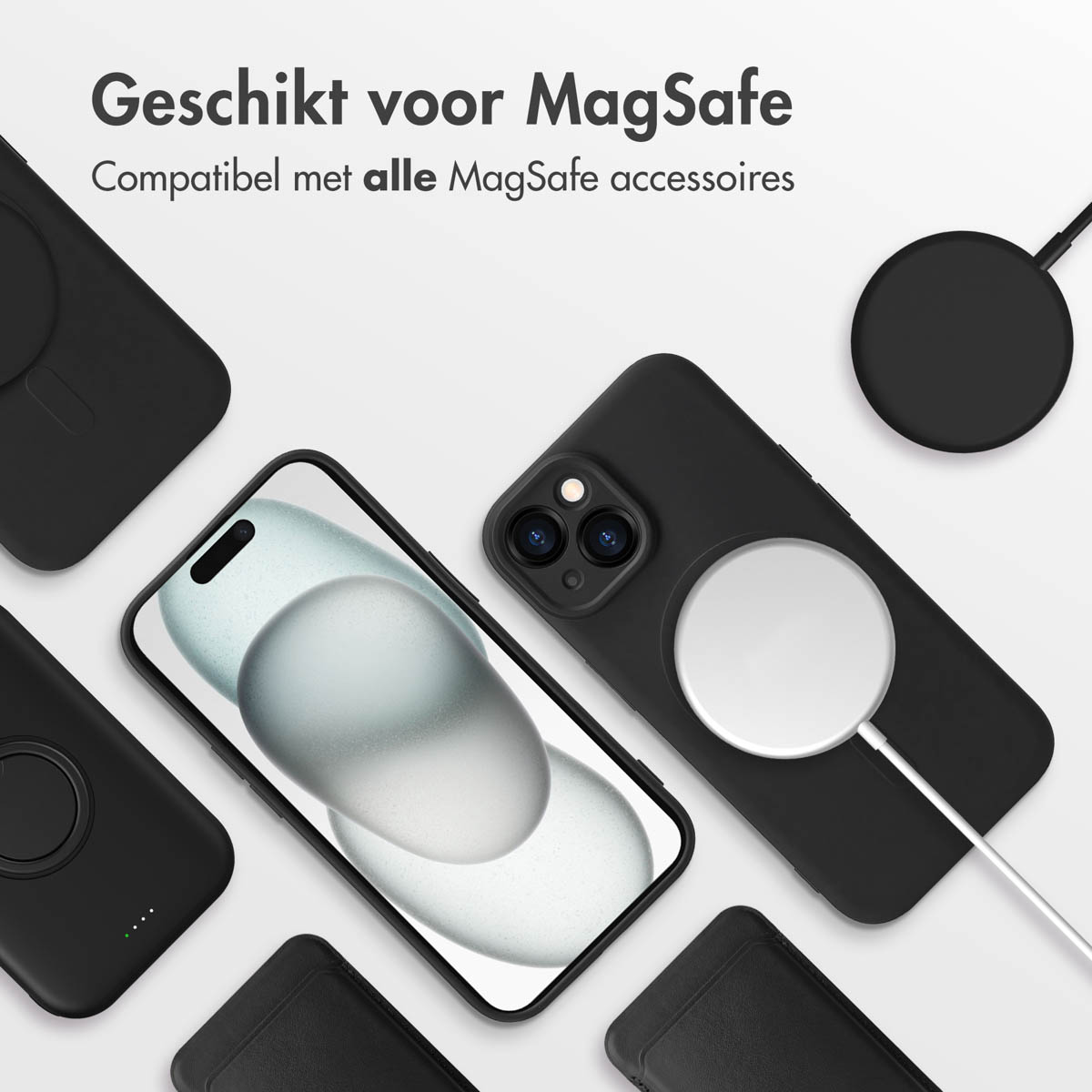 Several black phone cases with white MagSafe chargers. One phone has a white screen. White background.