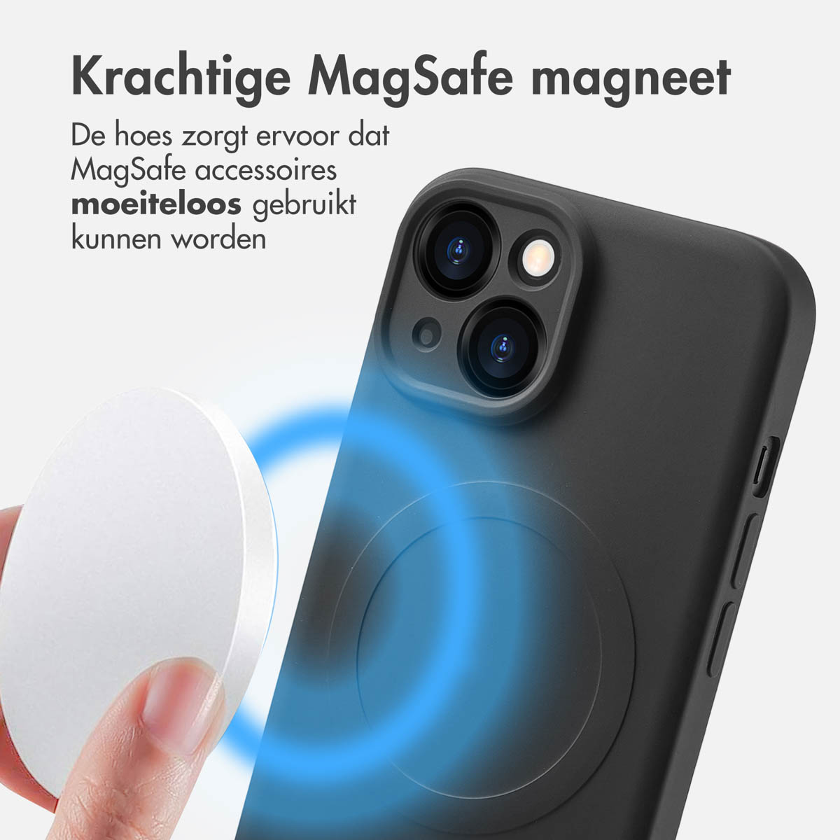Black phone case with MagSafe magnet. A white round MagSafe accessory is shown. Text: MagSafe magnet.
