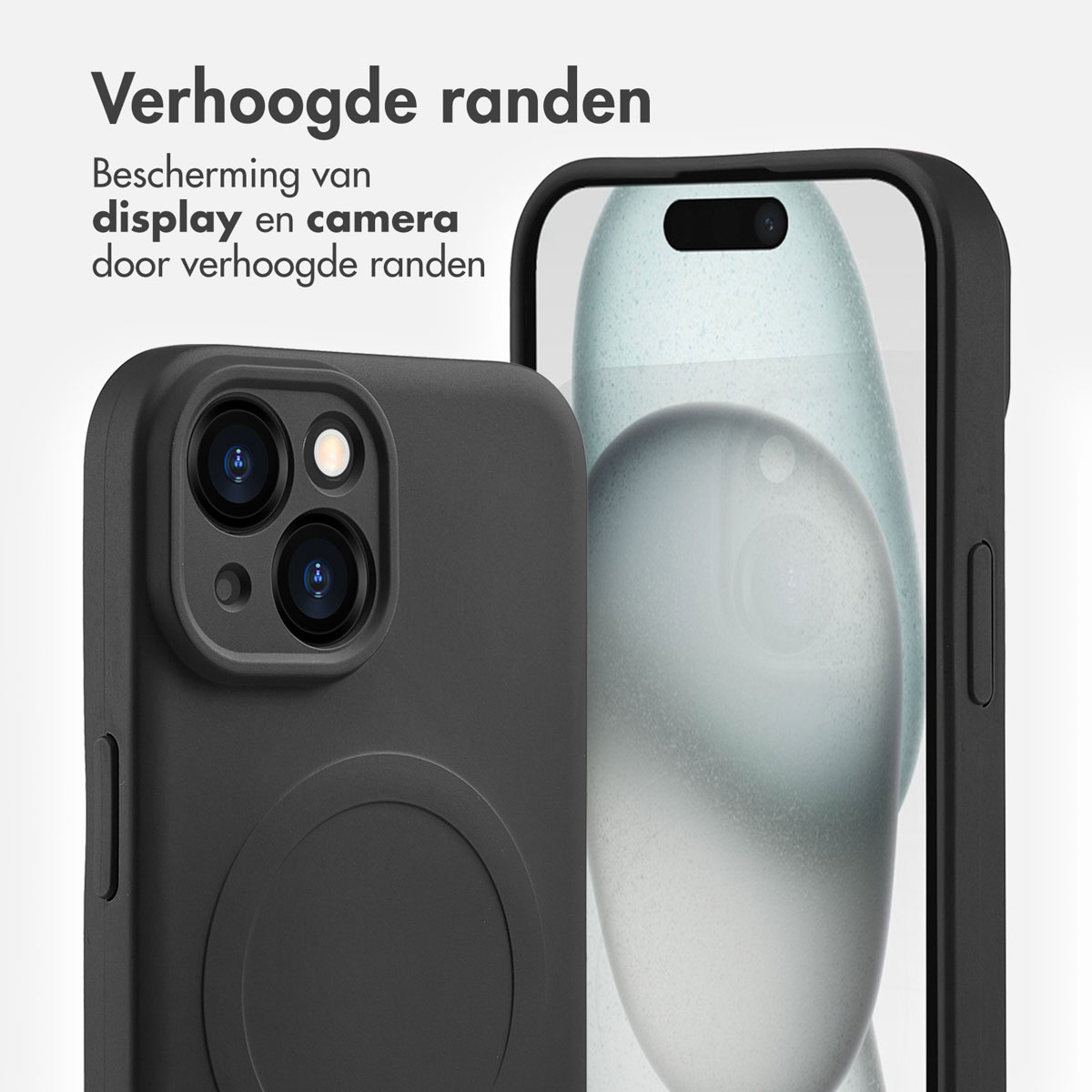 Black phone case with raised edges. Phone with camera lenses is visible. White background.