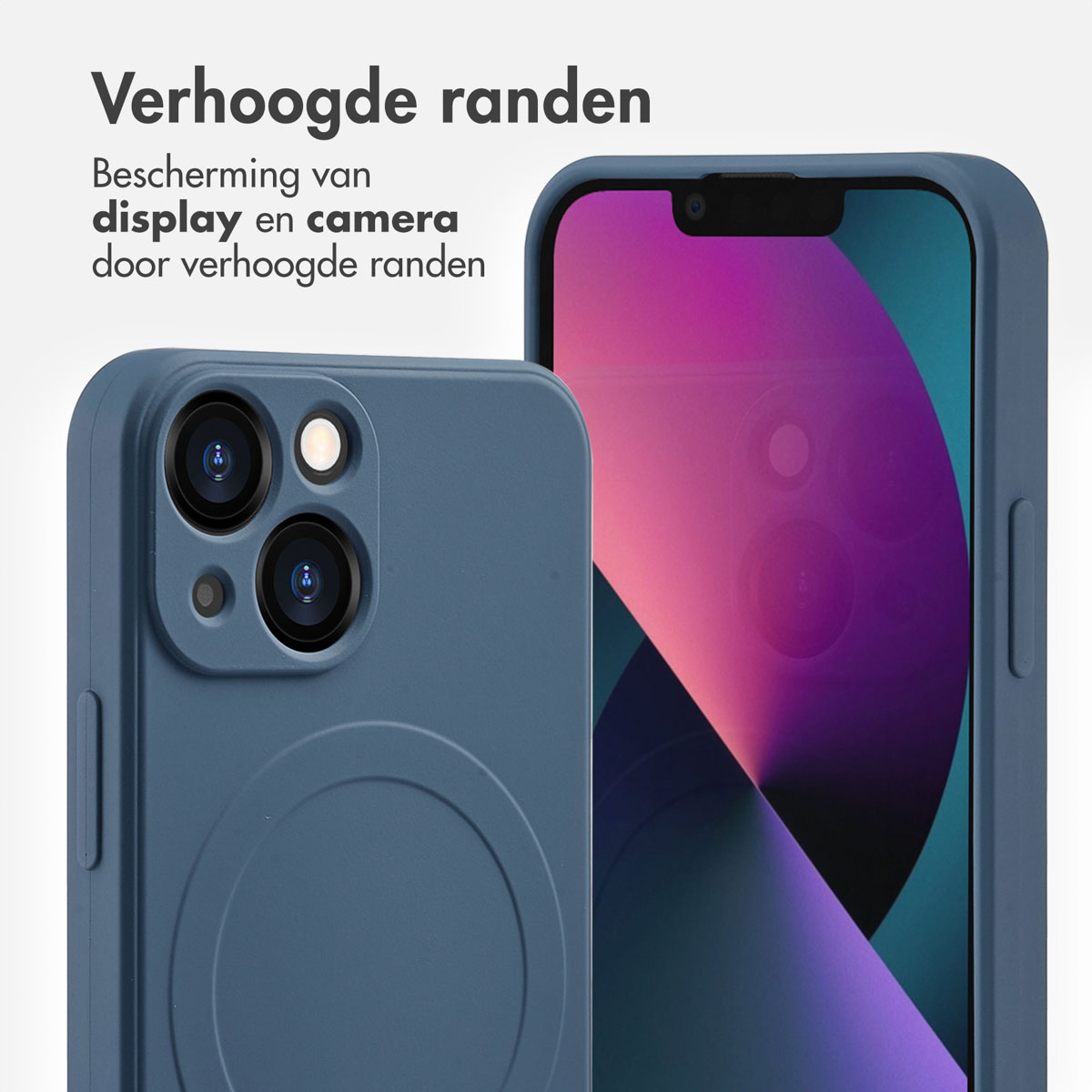 Twee blauwe telefoonhoesjes. Links de achterkant. Rechts de voorkant met scherm.