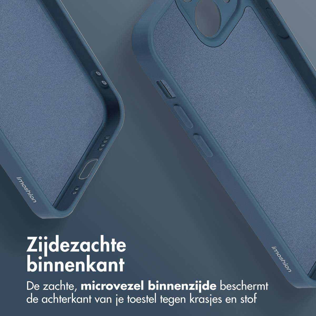 Binnenkant van een blauwe telefoonhoes, met de zachte microvezelvoering die het apparaat beschermt.