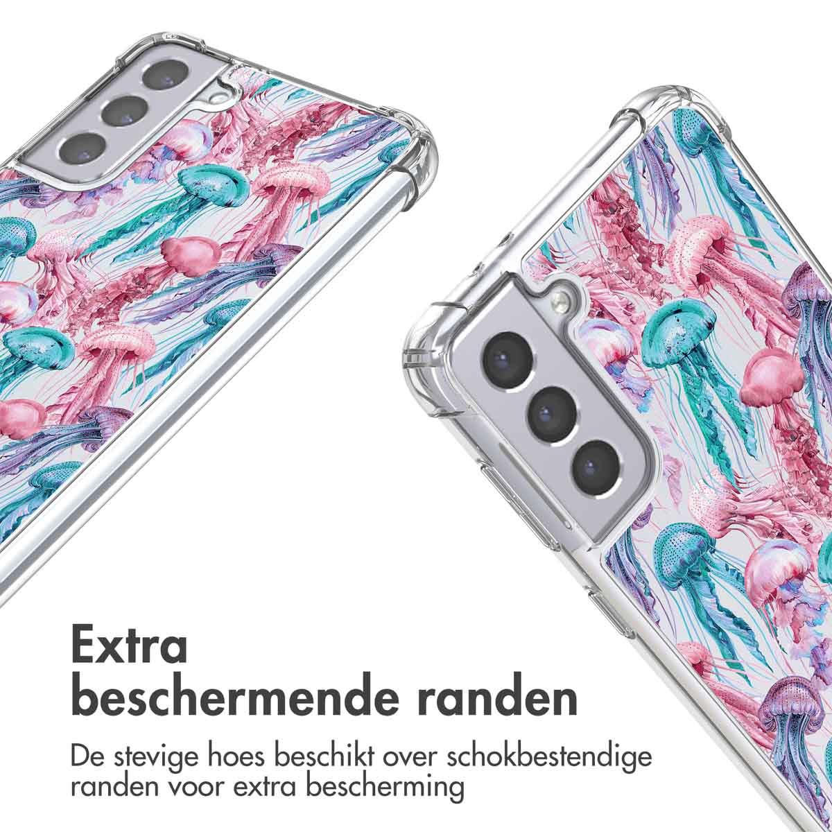 Coque de téléphone avec un motif de méduses colorées. Deux coques sont visibles.