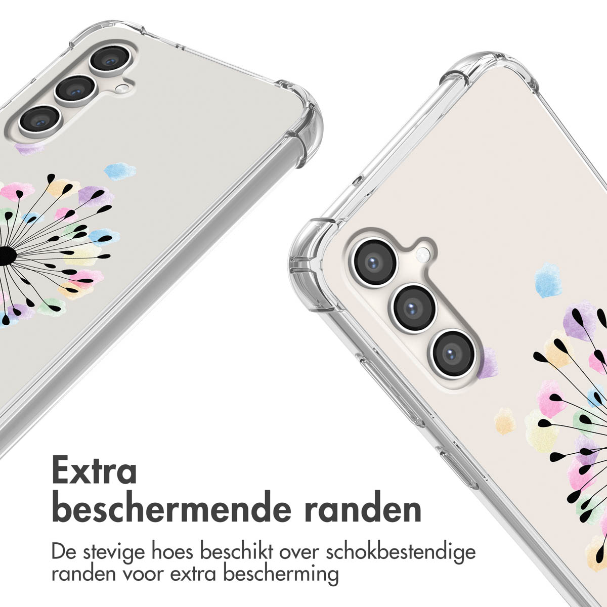 Transparante telefoonhoesjes met kleurrijke bloemmotieven. De hoesjes staan op een witte achtergrond.