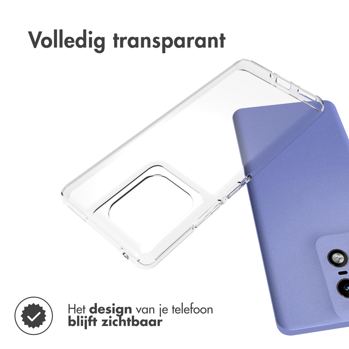 Una custodia per telefono trasparente e un telefono viola. Il testo dice 'Completamente trasparente' e 'Il design rimane visibile'.